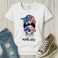 Mom Life Messy Bun Sugar Skull American Flag 4th Of July Women's T-Shirt thumb 3