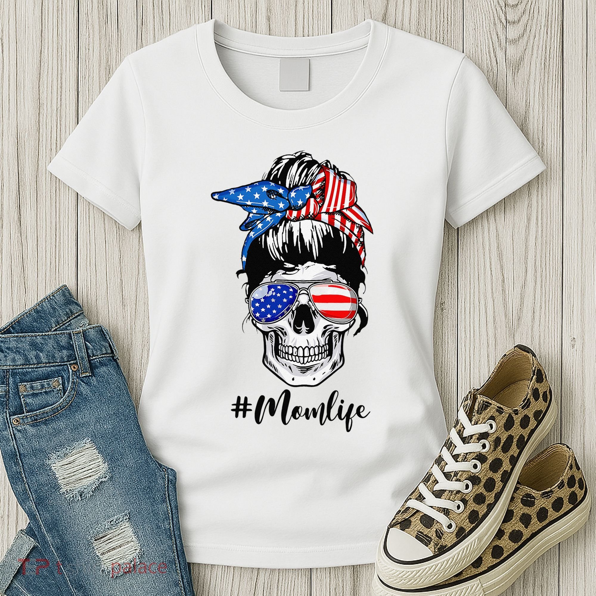 Mom Life Messy Bun Sugar Skull American Flag 4th Of July Women's T-Shirt