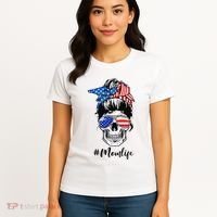 Mom Life Messy Bun Sugar Skull American Flag 4th Of July Women's T-Shirt thumb 4