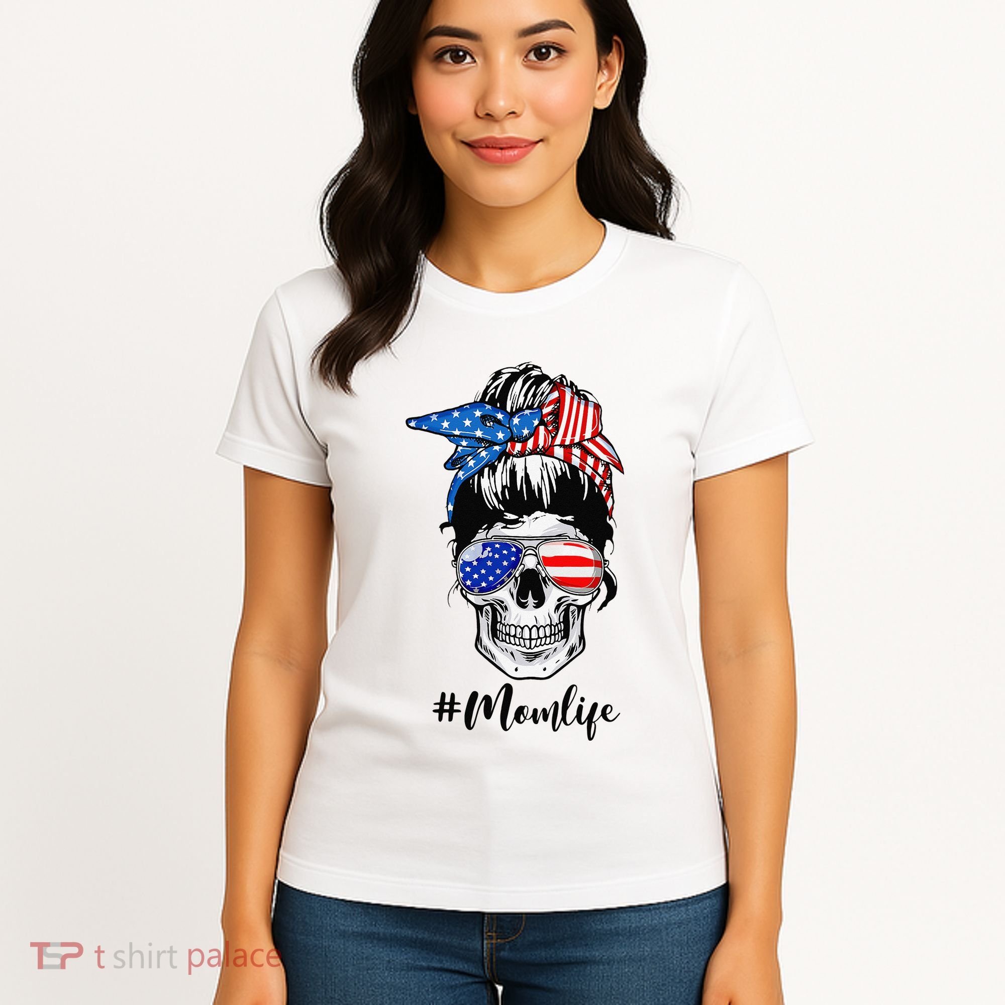 Mom Life Messy Bun Sugar Skull American Flag 4th Of July Women's T-Shirt