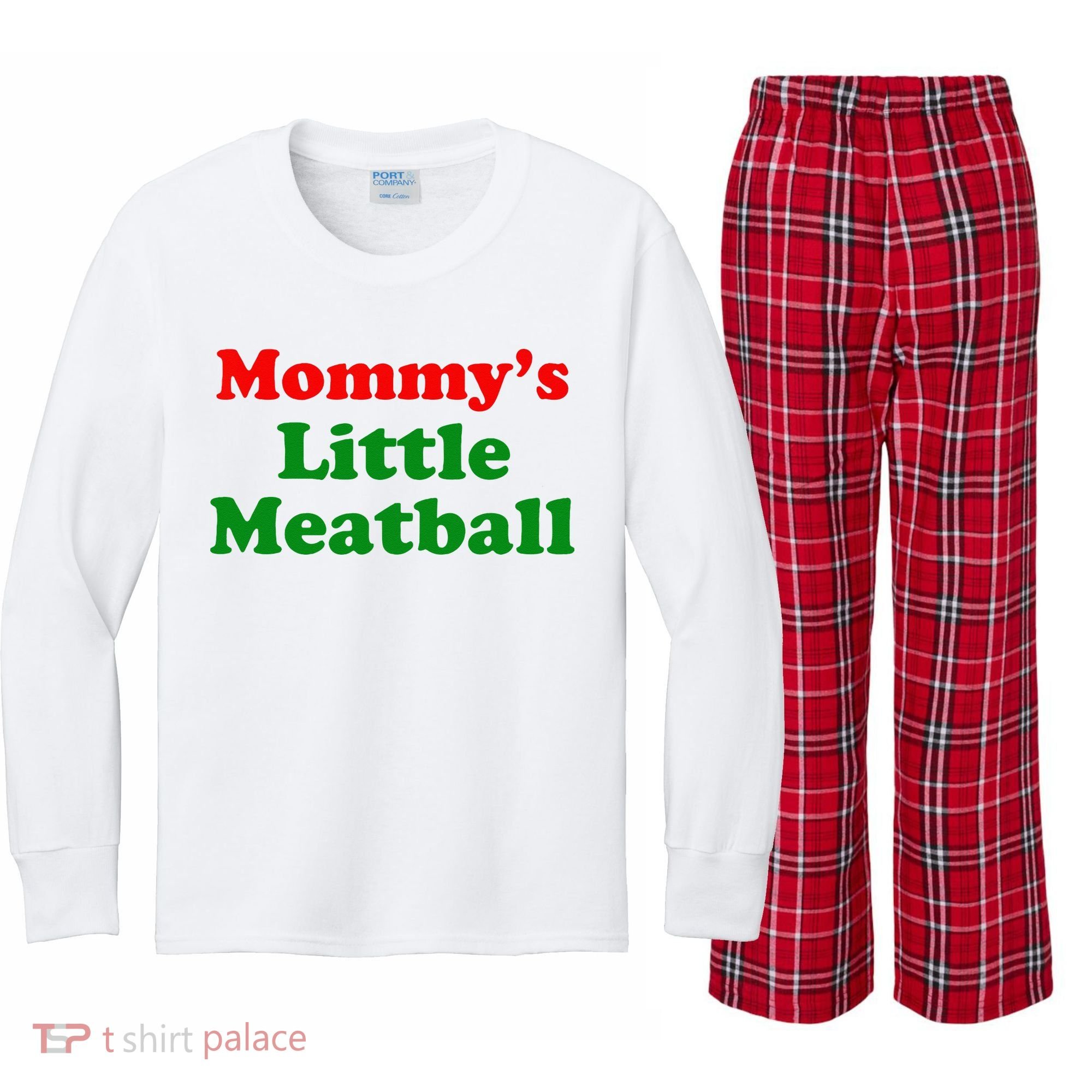 Mommys Little Meatball Funny Italian Joke Kids Long Sleeve Plaid Pajama Set