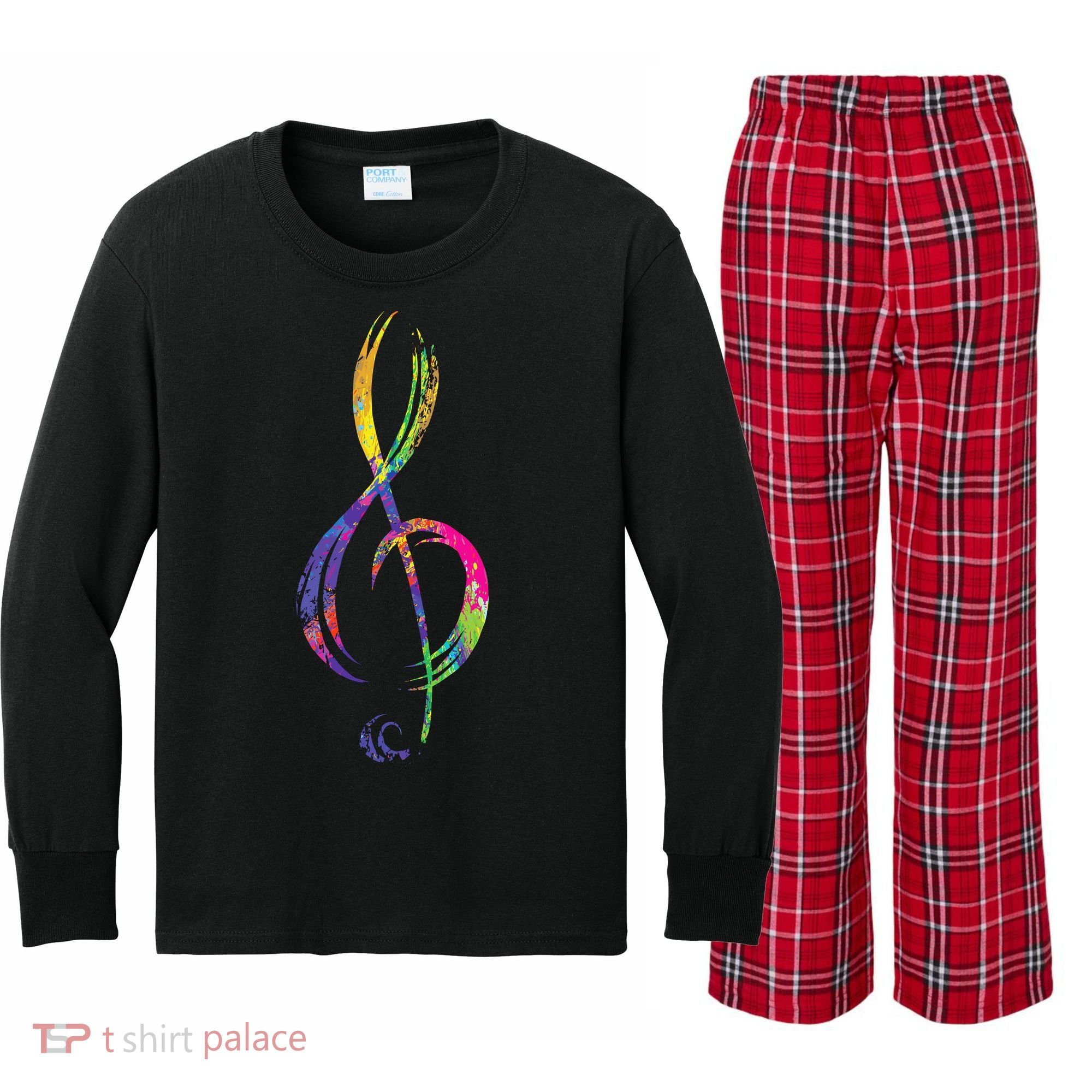 Musican Lover Musical Notes Just Music Kids Long Sleeve Plaid Pajama Set