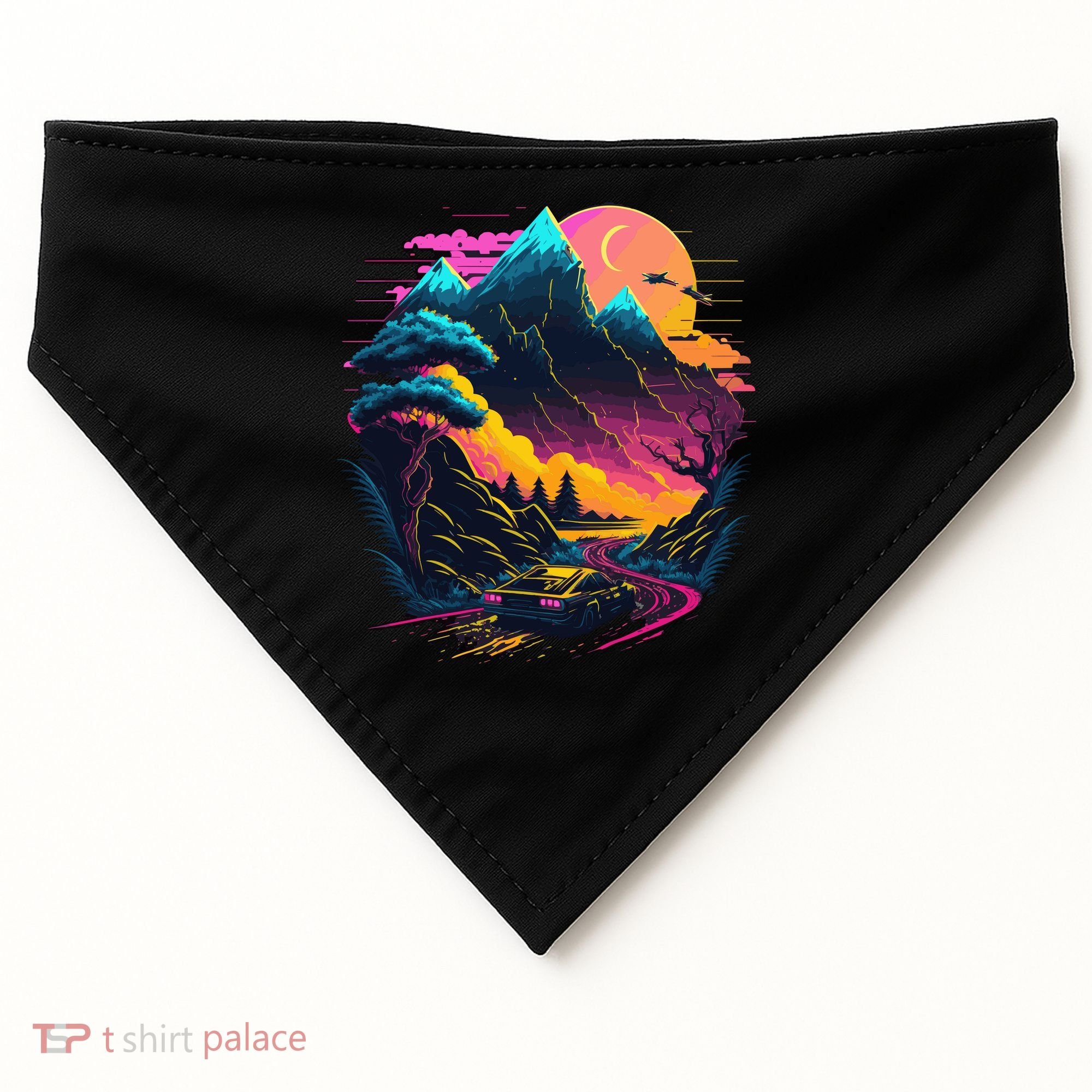 Mountain Life Neon Car Road Scene USA-Made Doggie Bandana