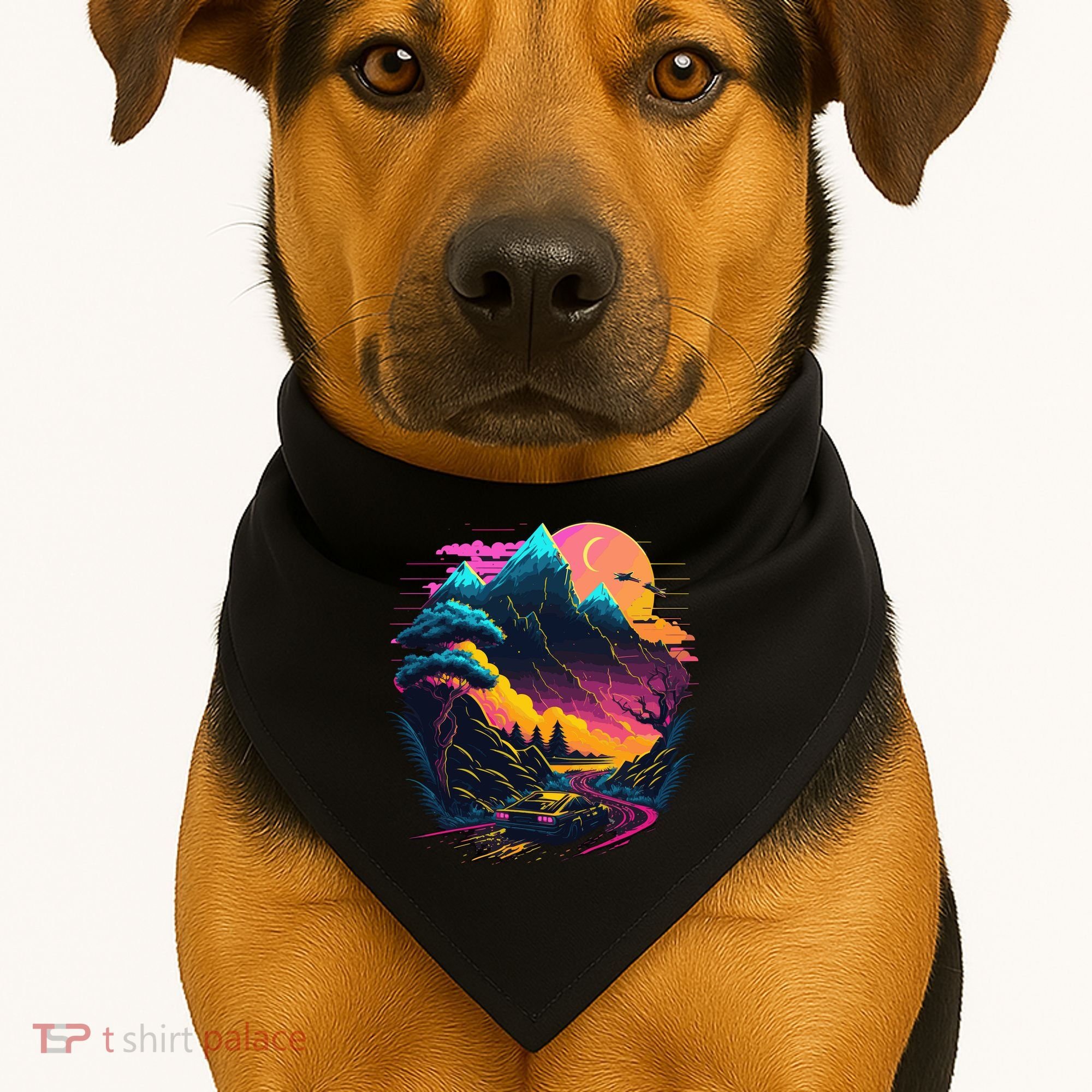 Mountain Life Neon Car Road Scene USA-Made Doggie Bandana