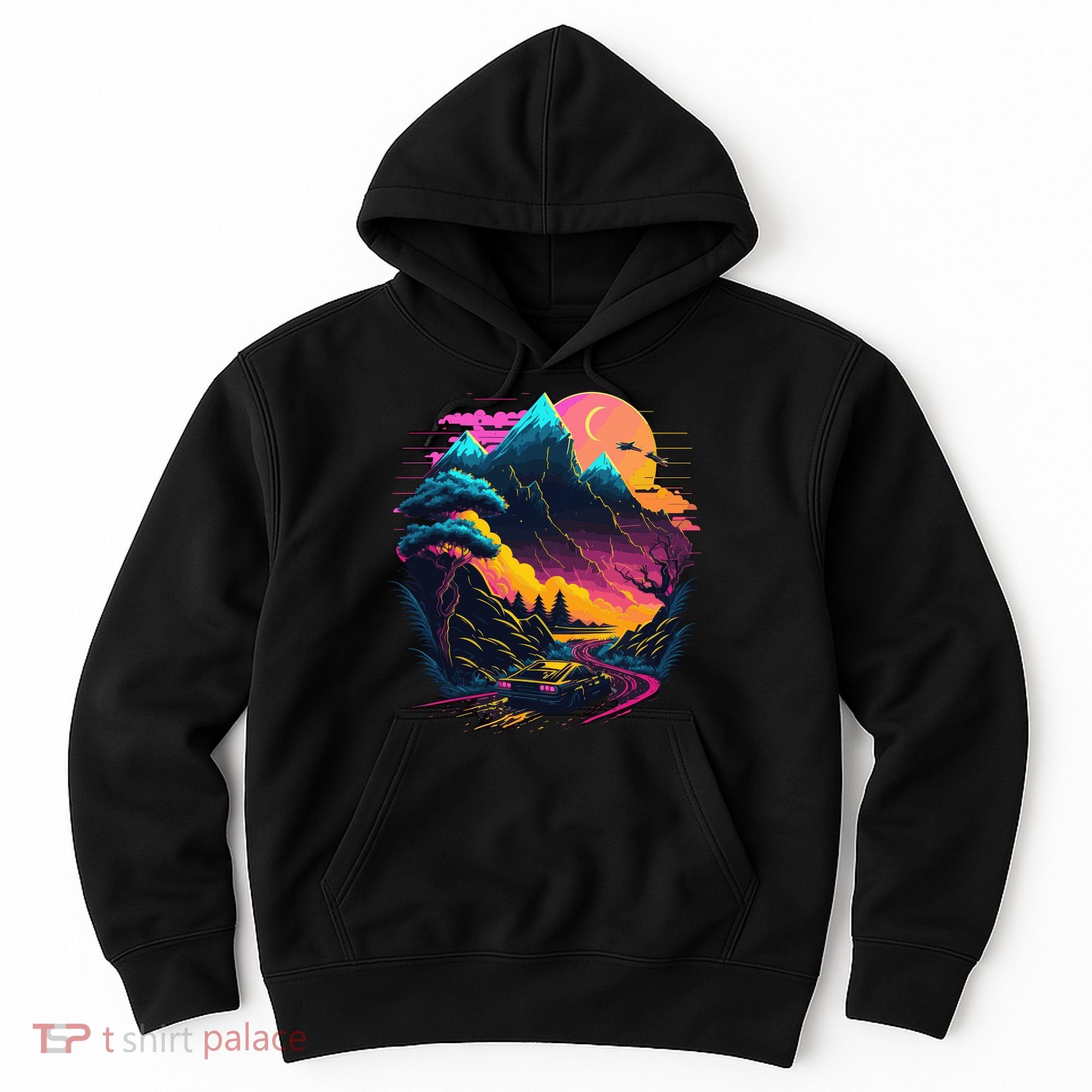 Mountain Life Neon Car Road Scene Hoodie