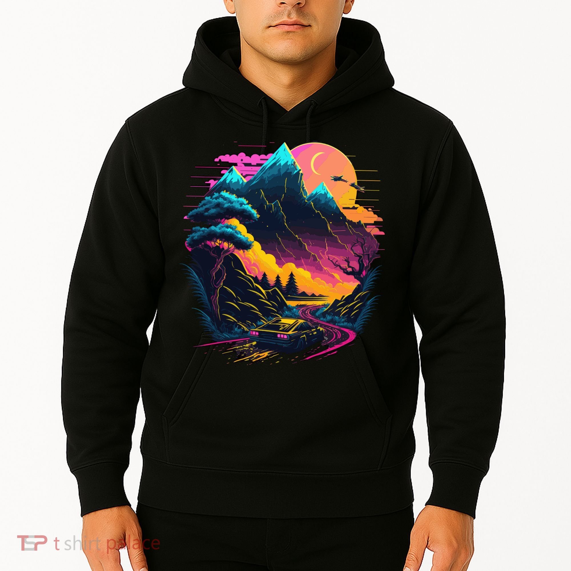 Mountain Life Neon Car Road Scene Hoodie
