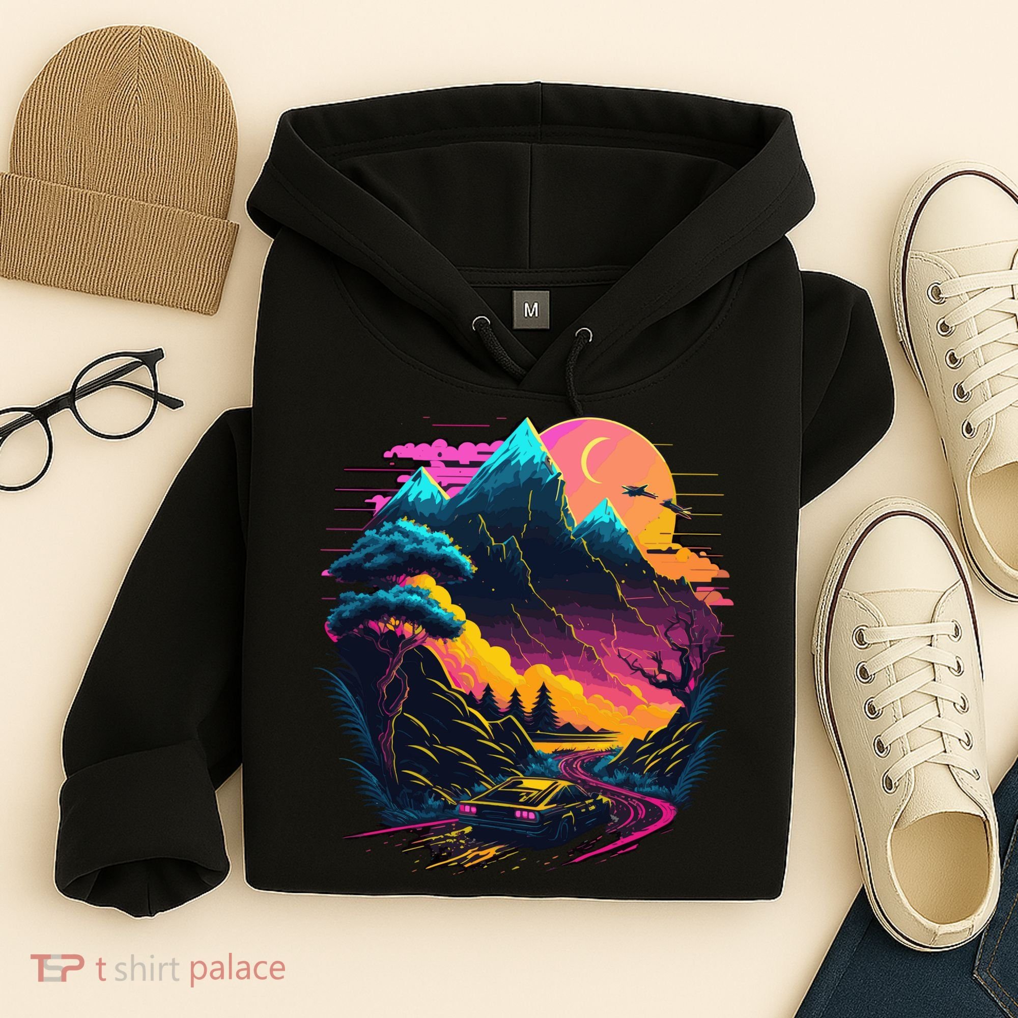 Mountain Life Neon Car Road Scene Hoodie