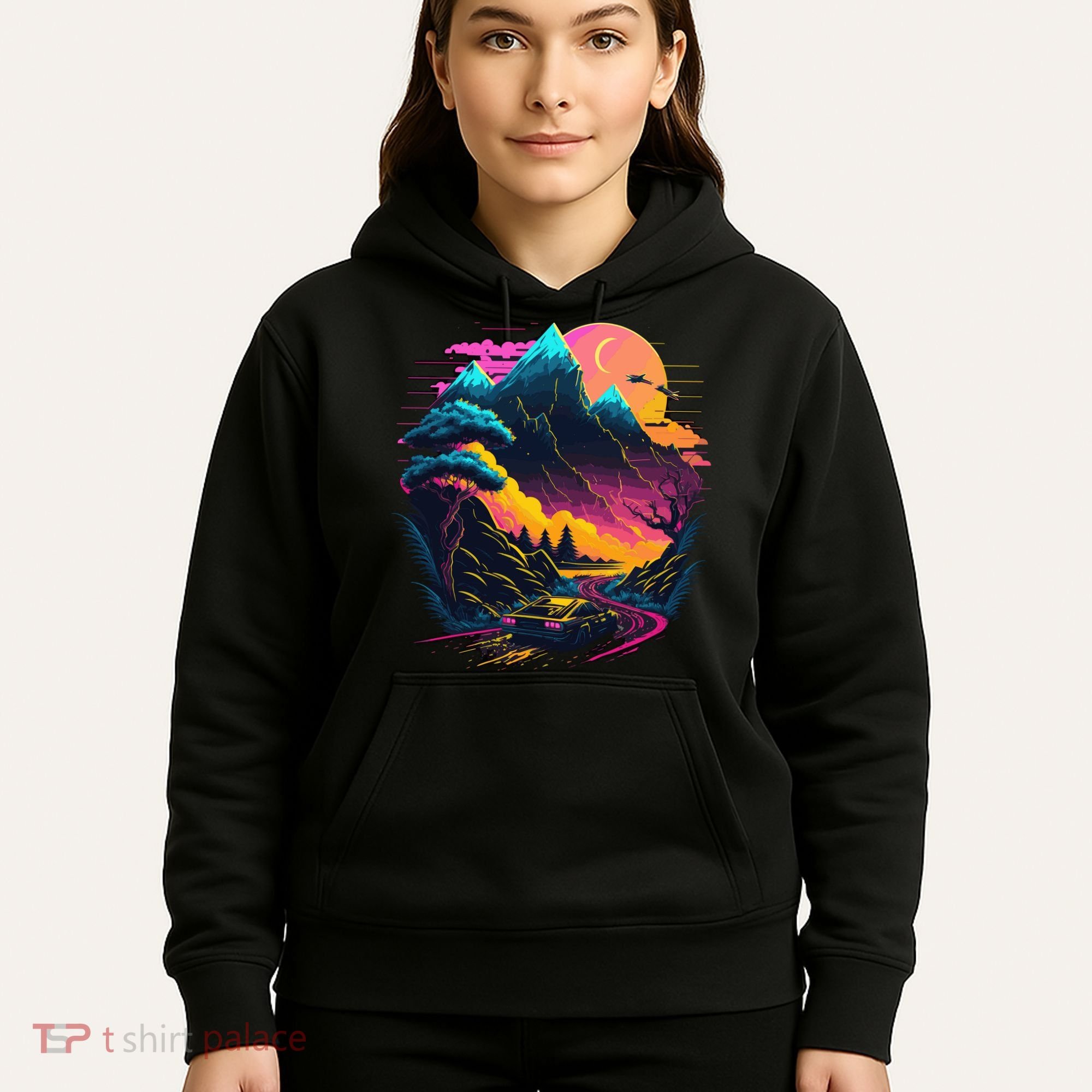 Mountain Life Neon Car Road Scene Hoodie