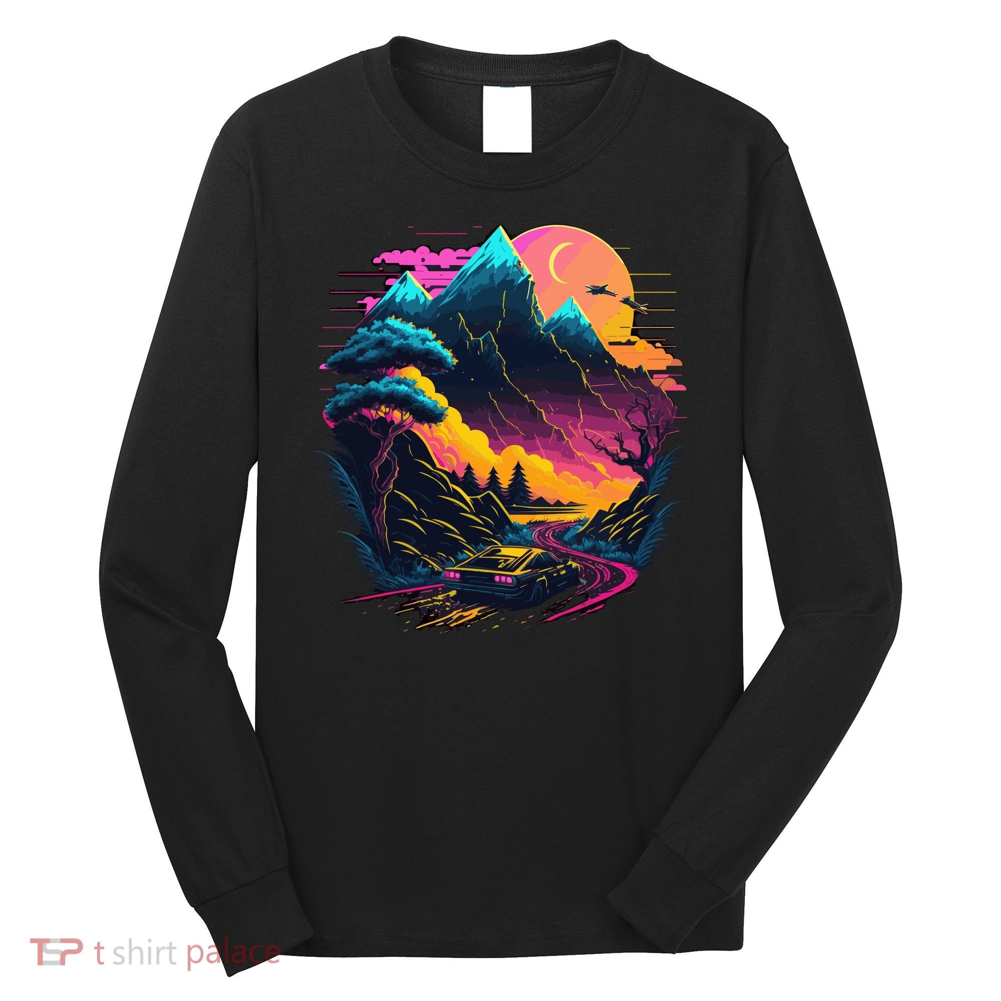 Mountain Life Neon Car Road Scene Long Sleeve Shirt