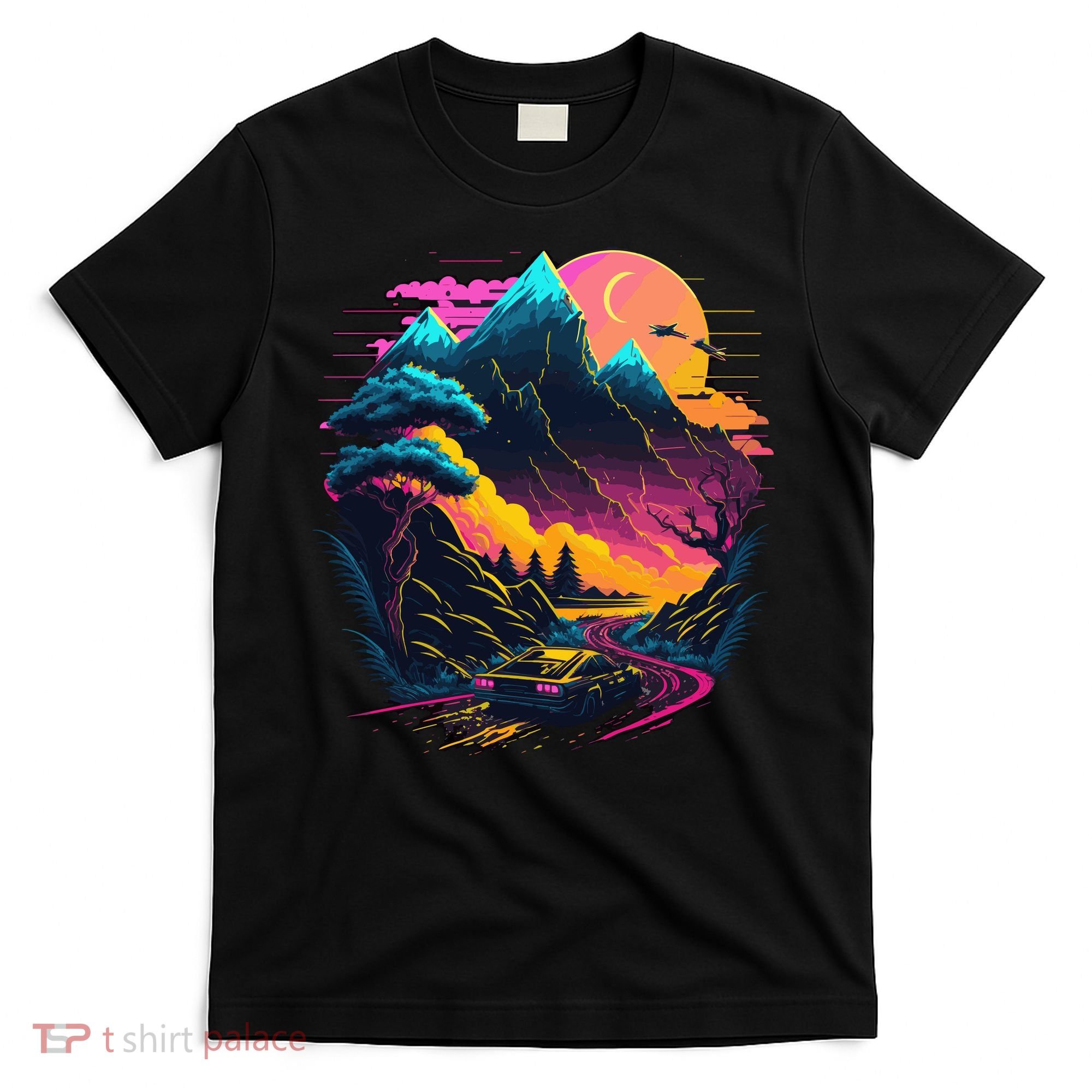 Mountain Life Neon Car Road Scene T-Shirt
