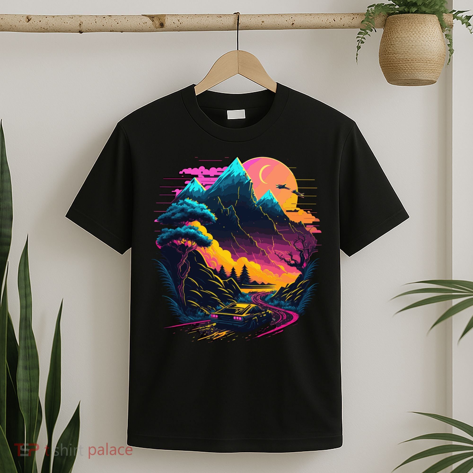 Mountain Life Neon Car Road Scene T-Shirt