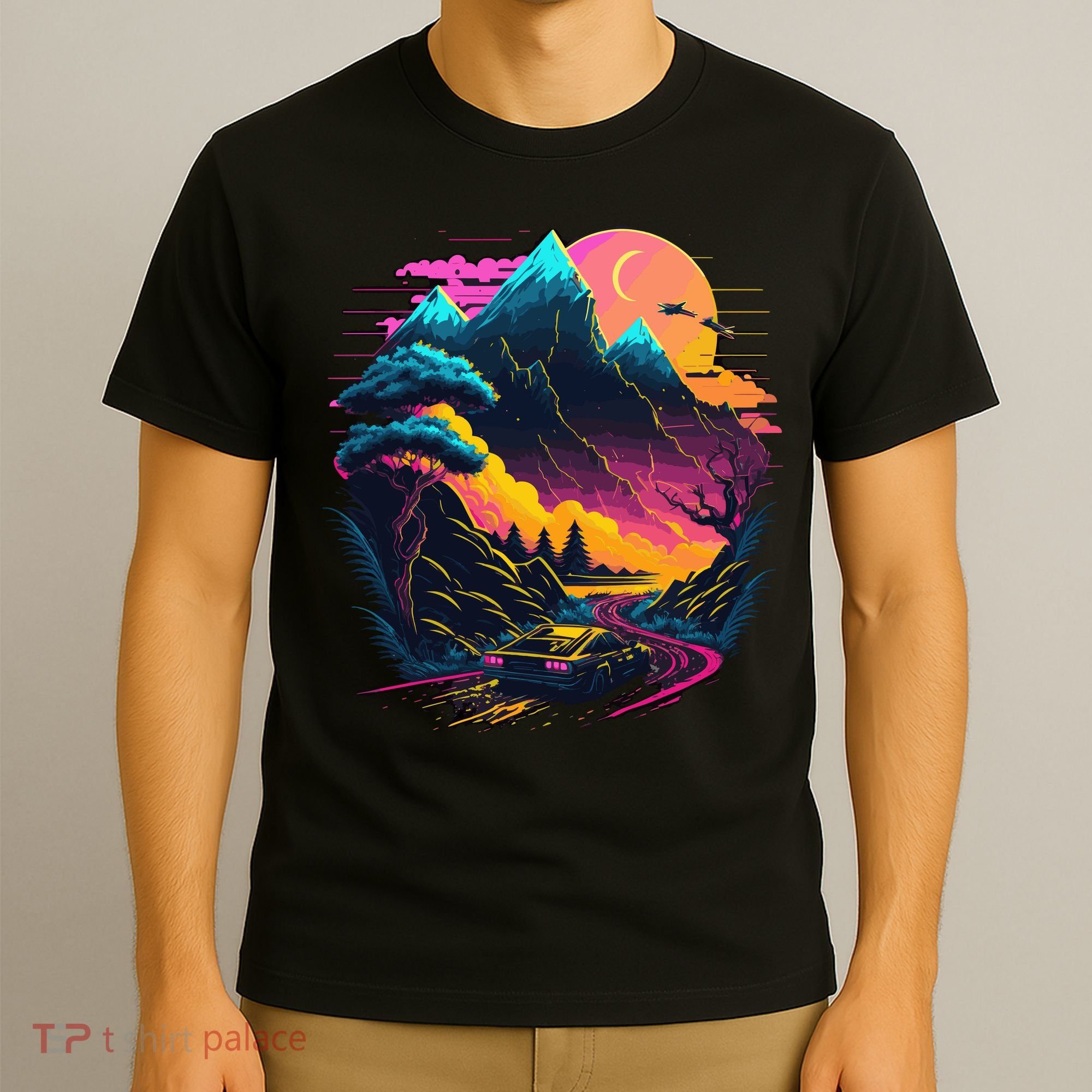 Mountain Life Neon Car Road Scene T-Shirt