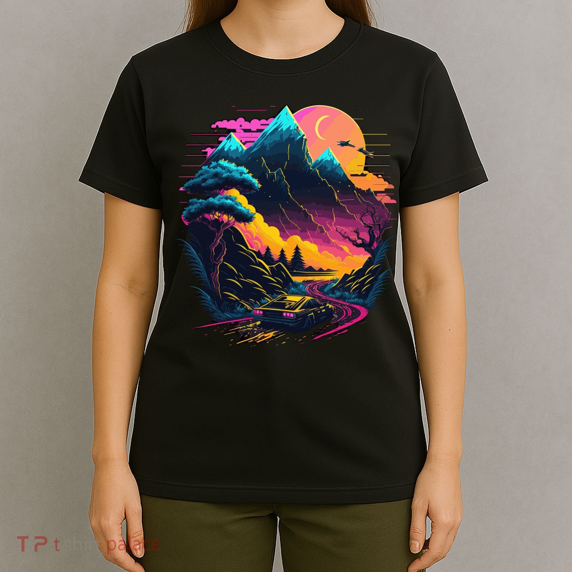 Mountain Life Neon Car Road Scene T-Shirt