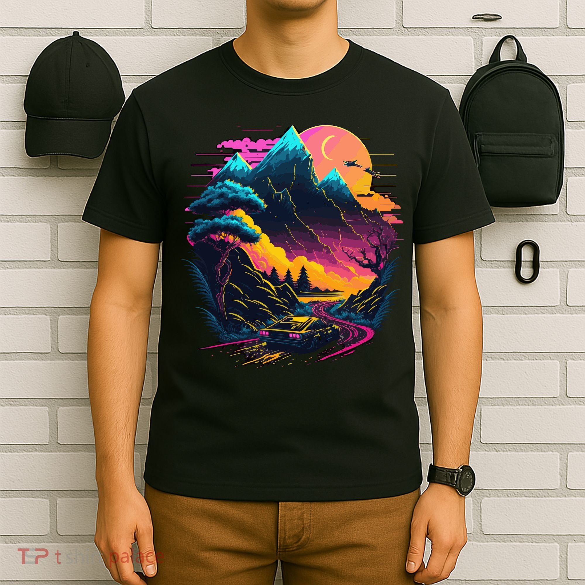 Mountain Life Neon Car Road Scene T-Shirt