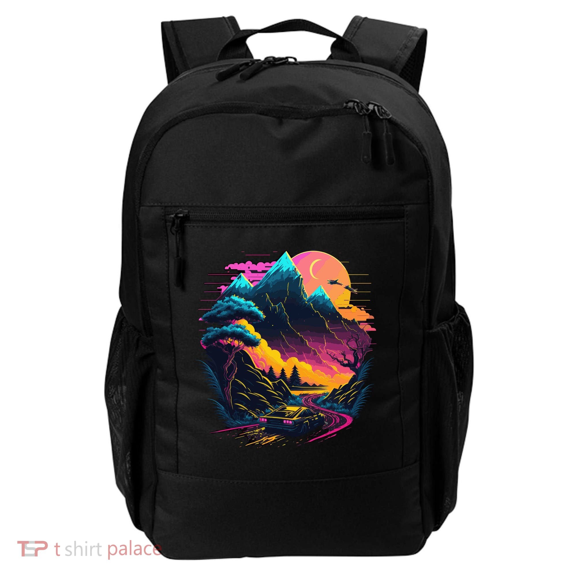 Mountain Life Neon Car Road Scene Backpack