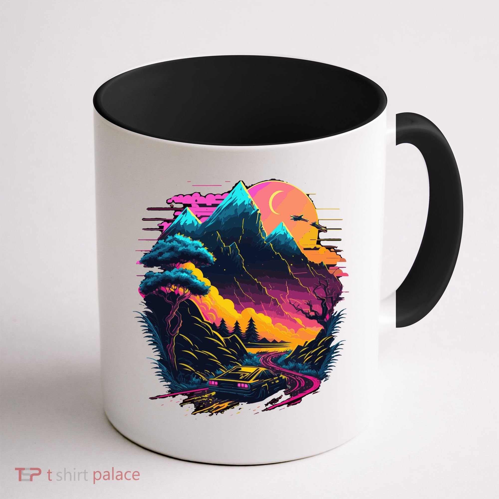 Mountain Life Neon Car Road Scene Coffee Mug