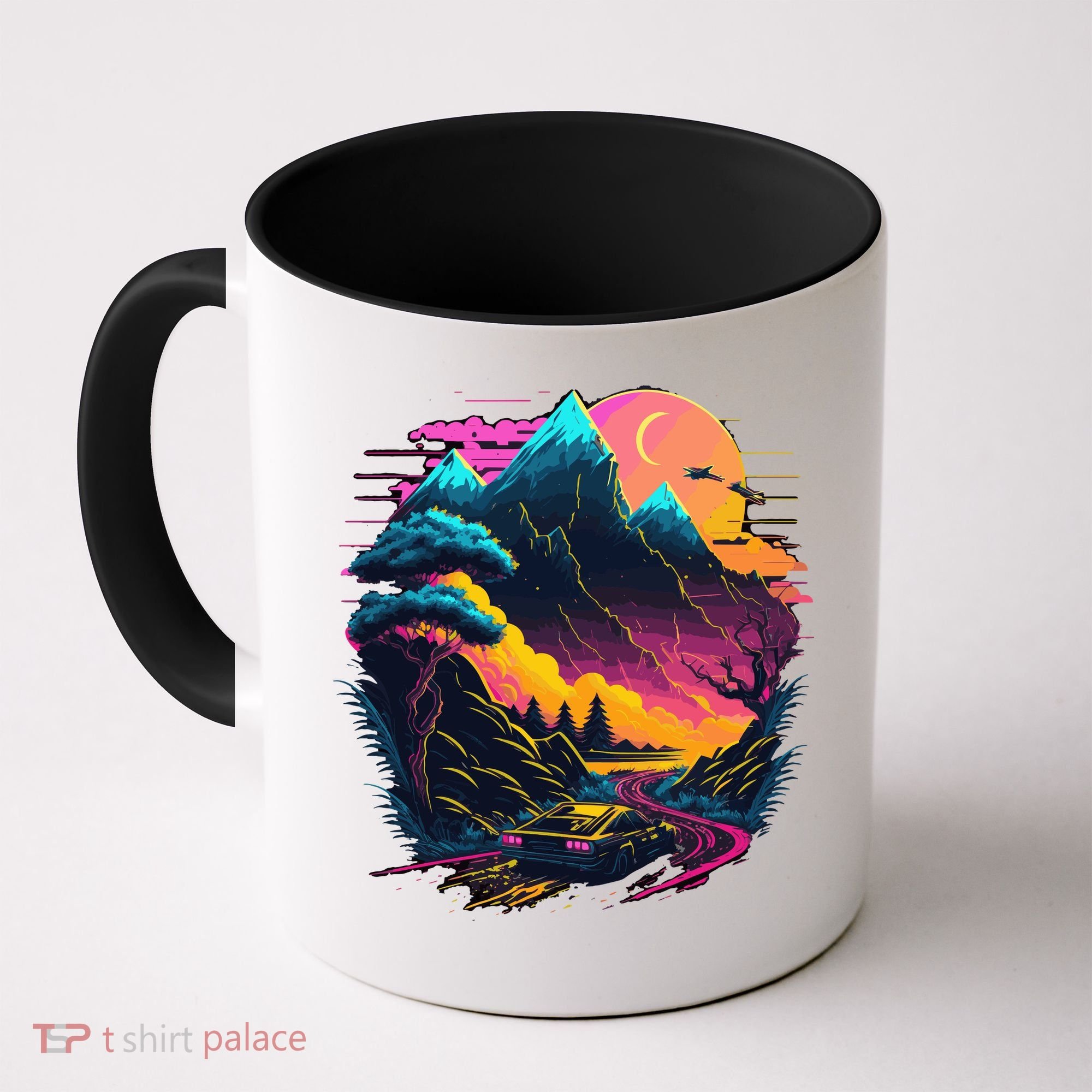 Mountain Life Neon Car Road Scene Coffee Mug