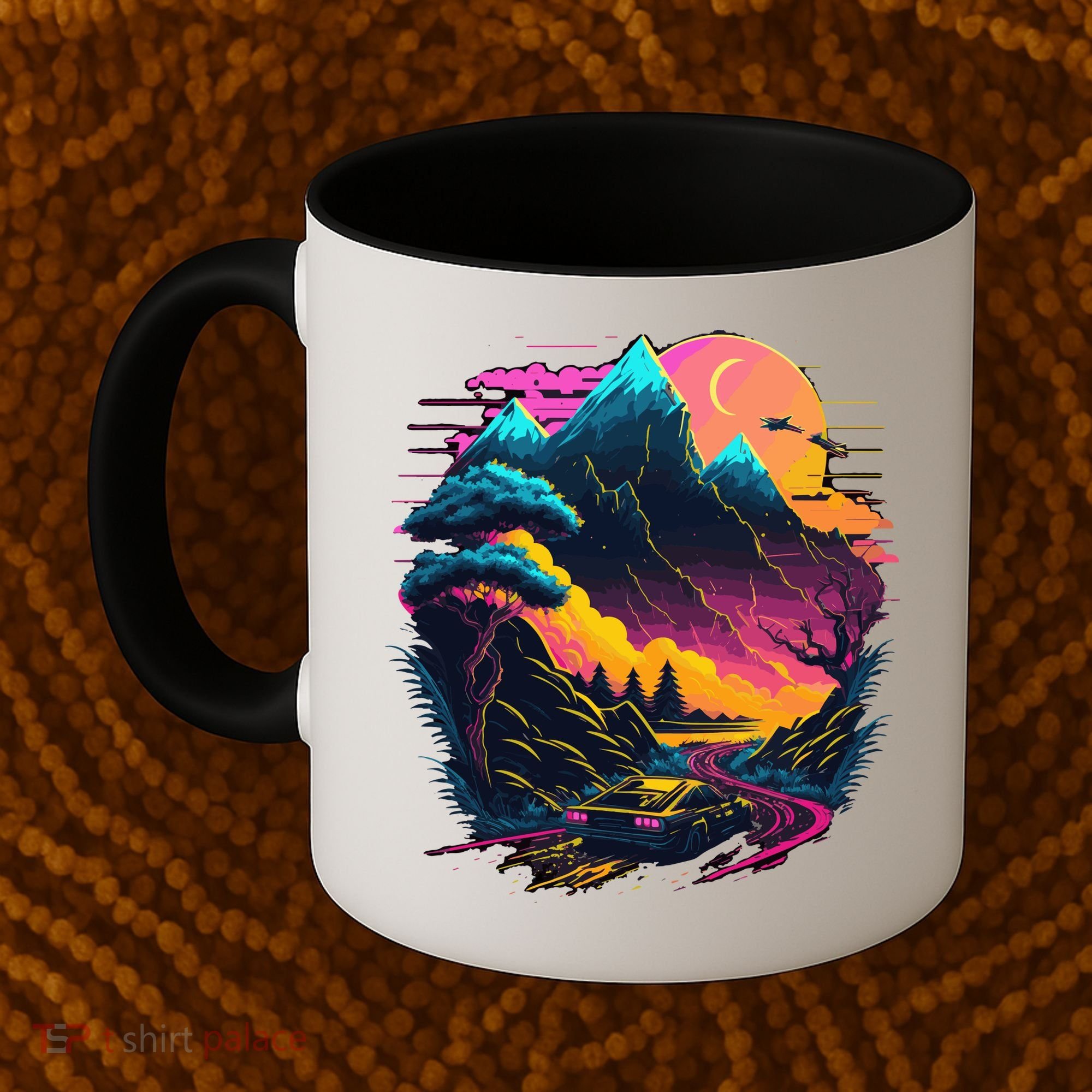Mountain Life Neon Car Road Scene Coffee Mug
