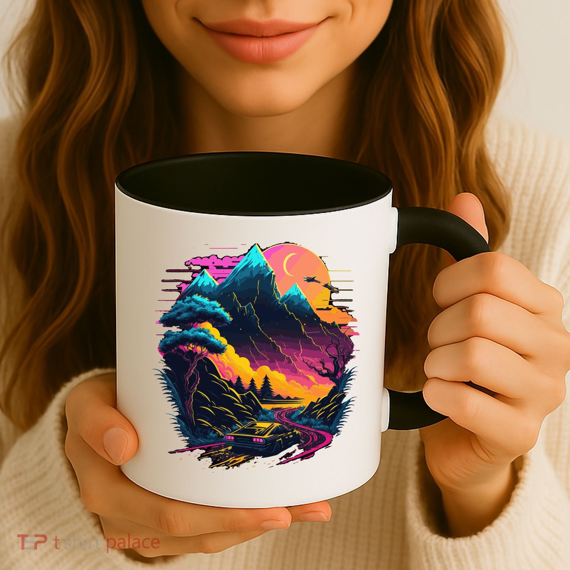 Mountain Life Neon Car Road Scene Coffee Mug