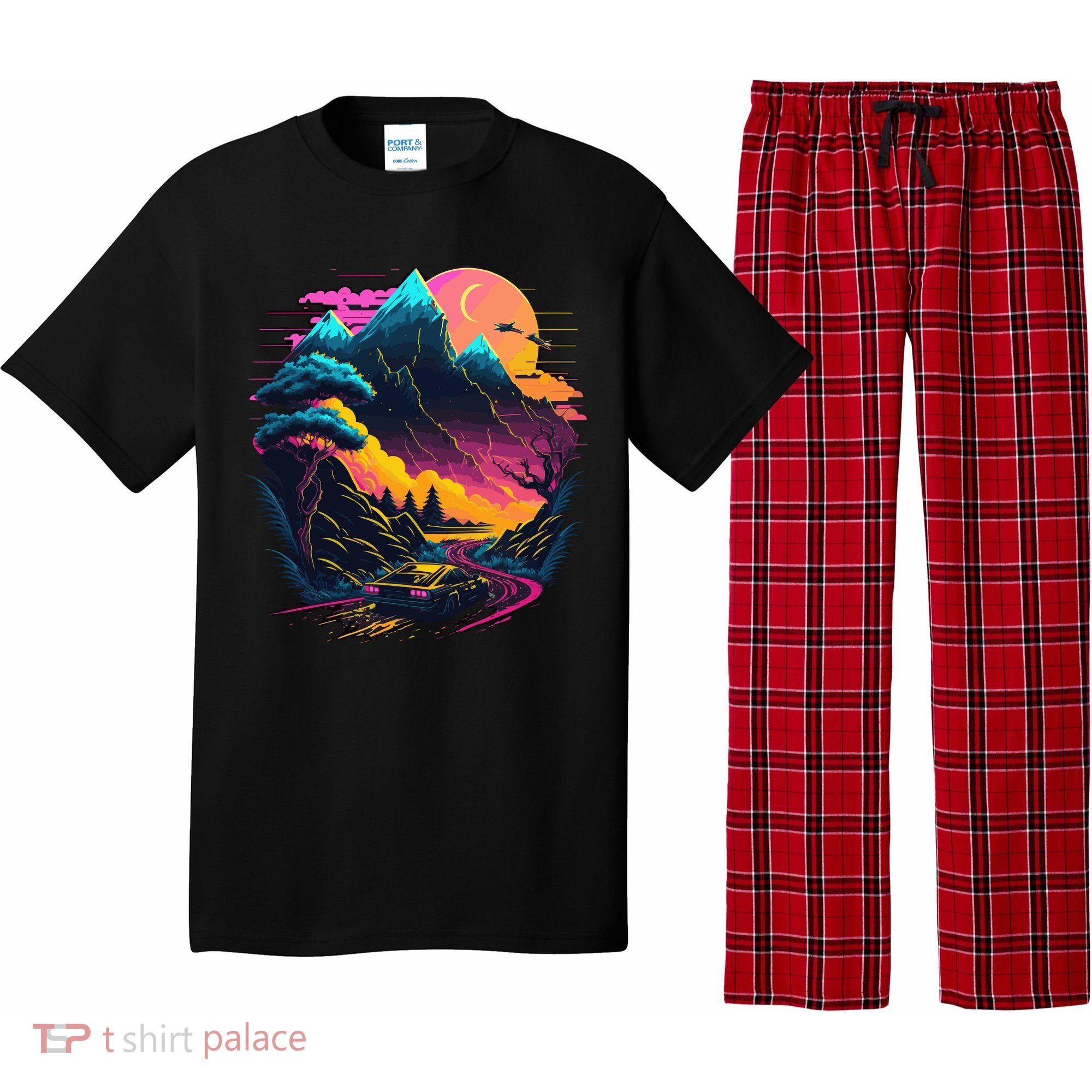 Mountain Life Neon Car Road Scene Pajama Set