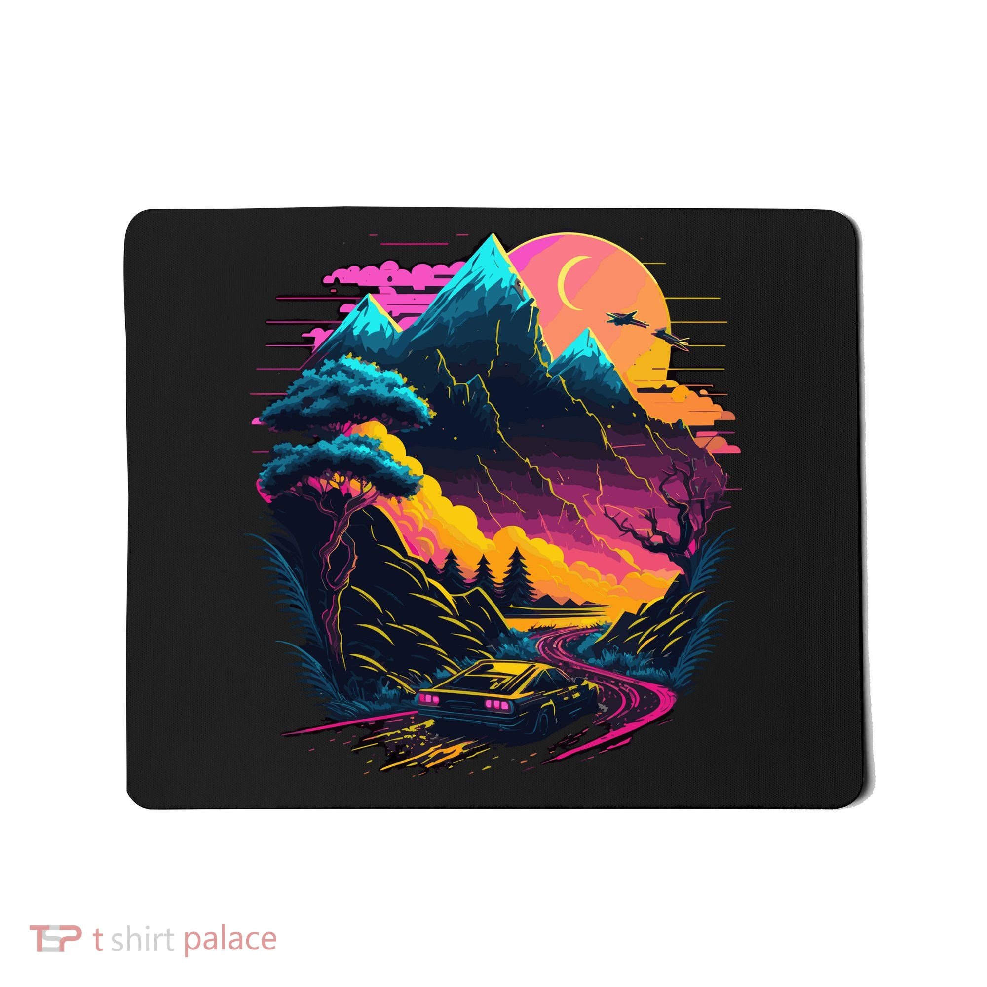 Mountain Life Neon Car Road Scene Mousepad