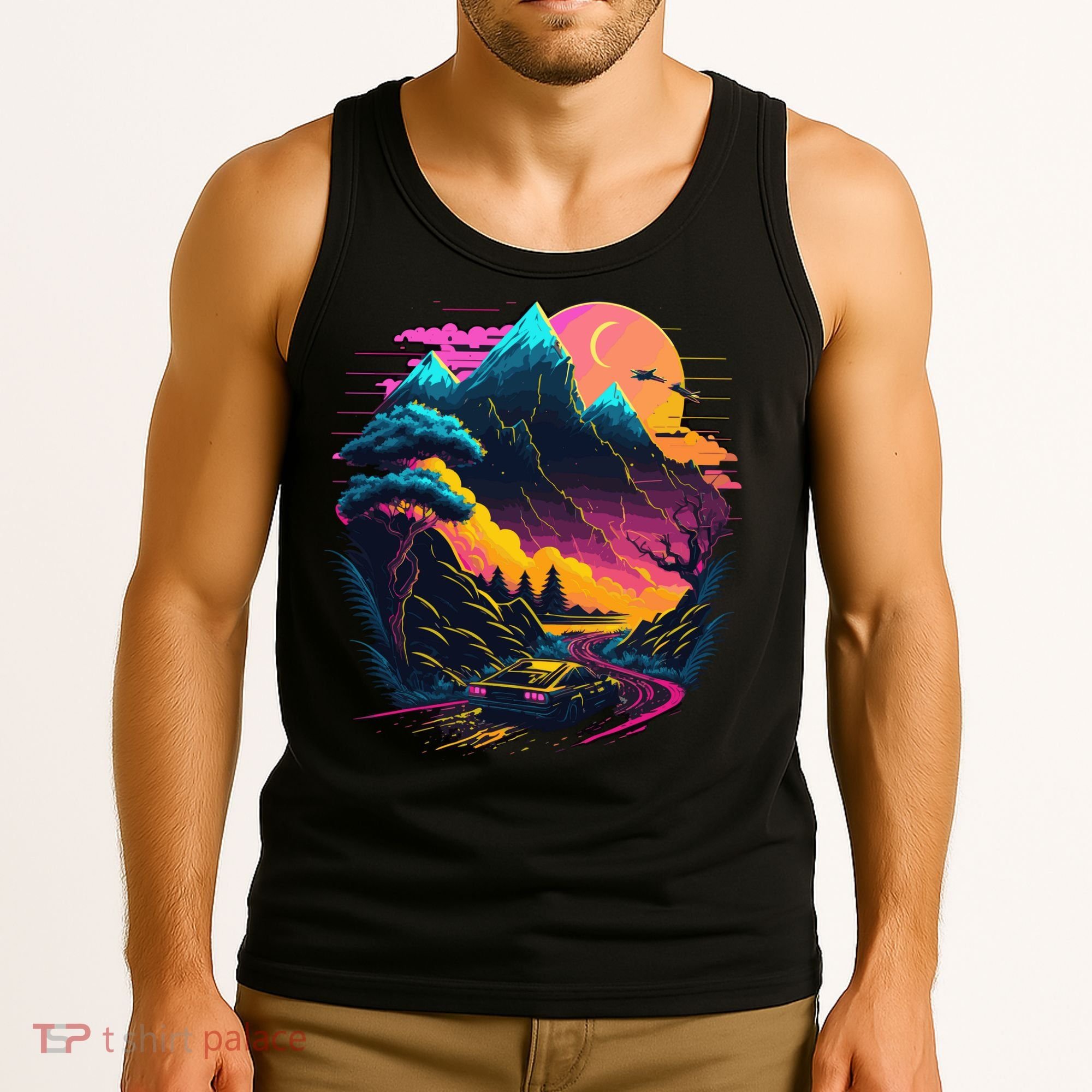 Mountain Life Neon Car Road Scene Tank Top