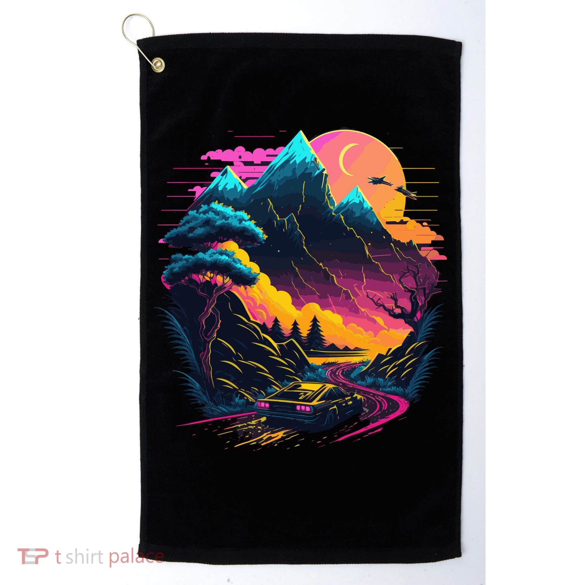 Mountain Life Neon Car Road Scene Golf Towel