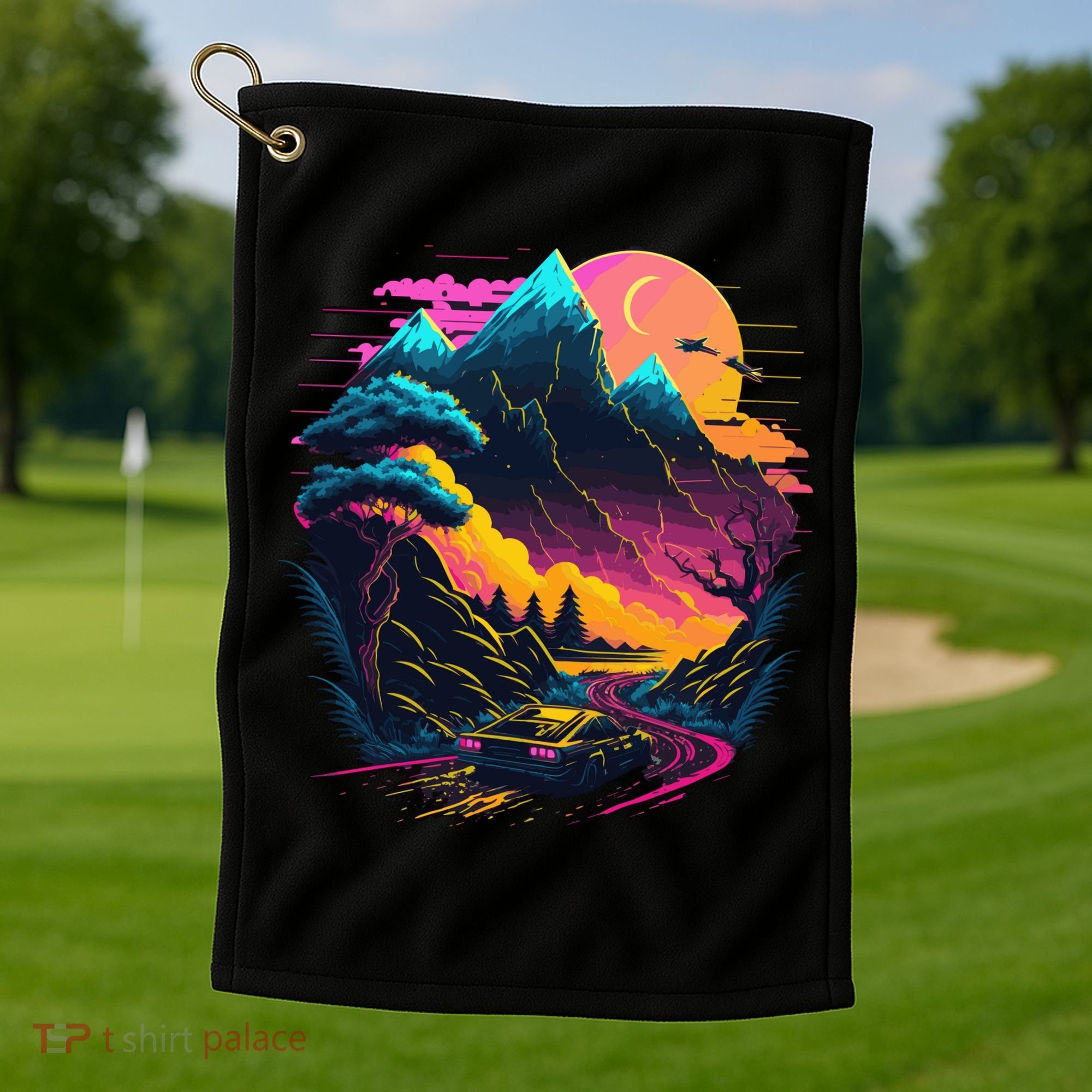 Mountain Life Neon Car Road Scene Golf Towel