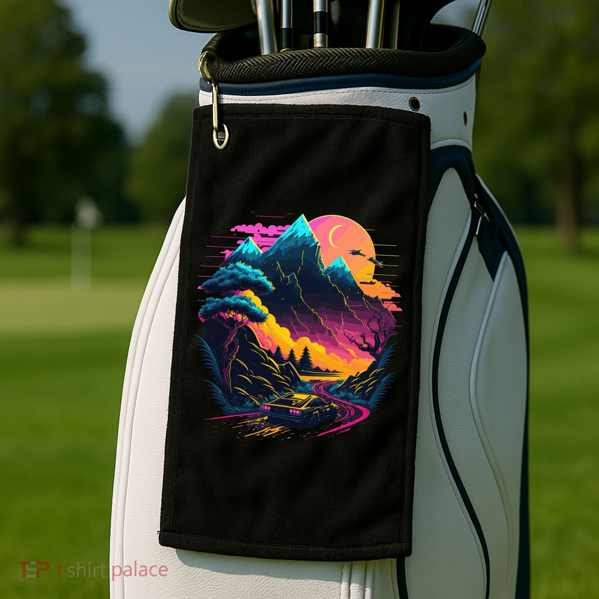 Mountain Life Neon Car Road Scene Golf Towel