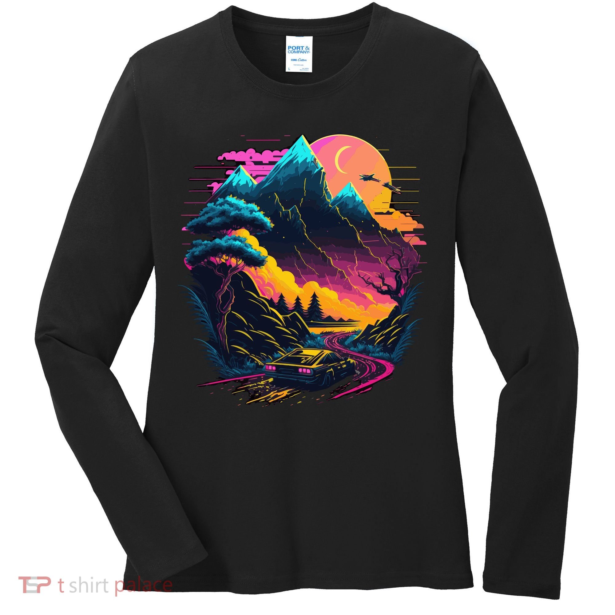 Mountain Life Neon Car Road Scene Women's Long Sleeve Shirt