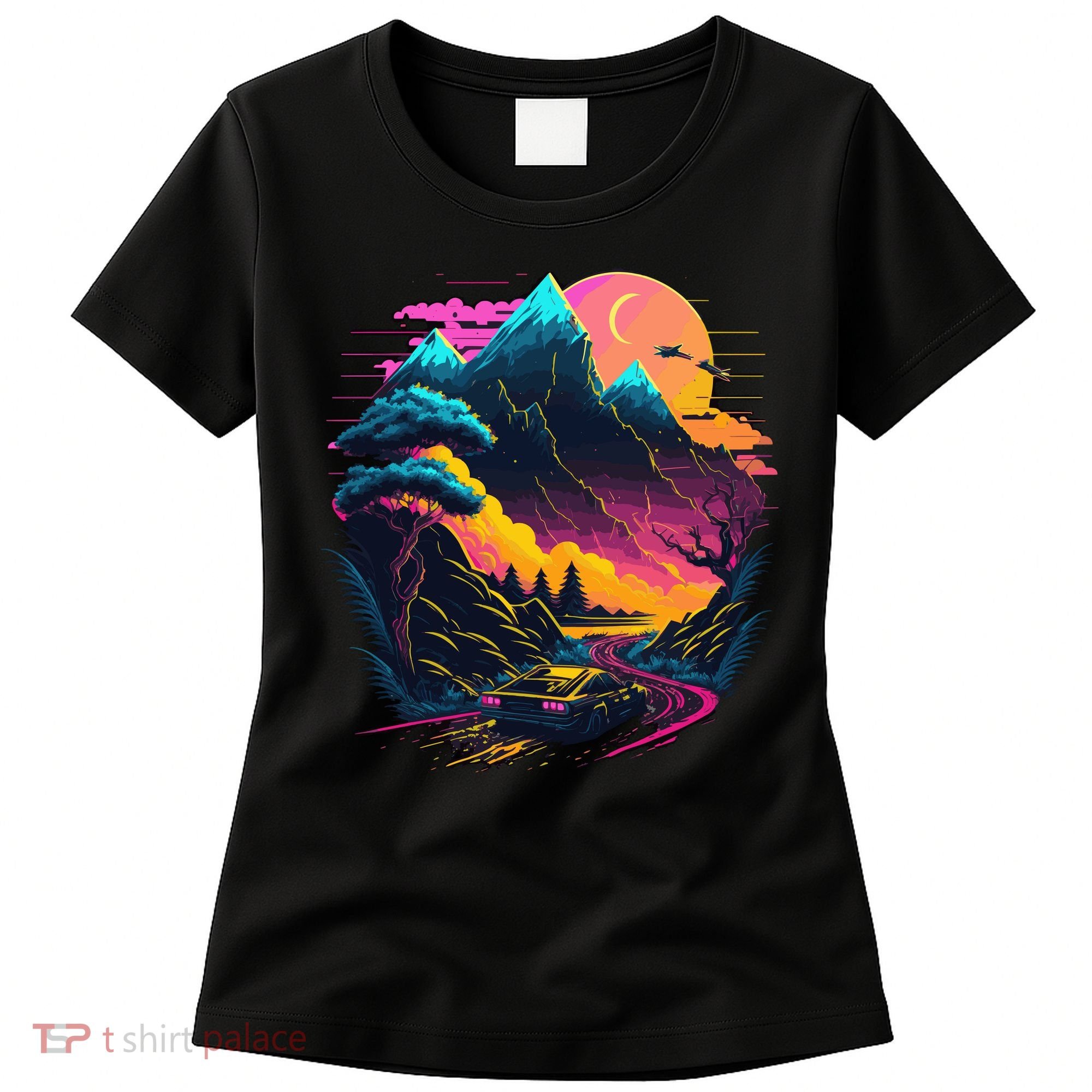 Mountain Life Neon Car Road Scene Women's T-Shirt