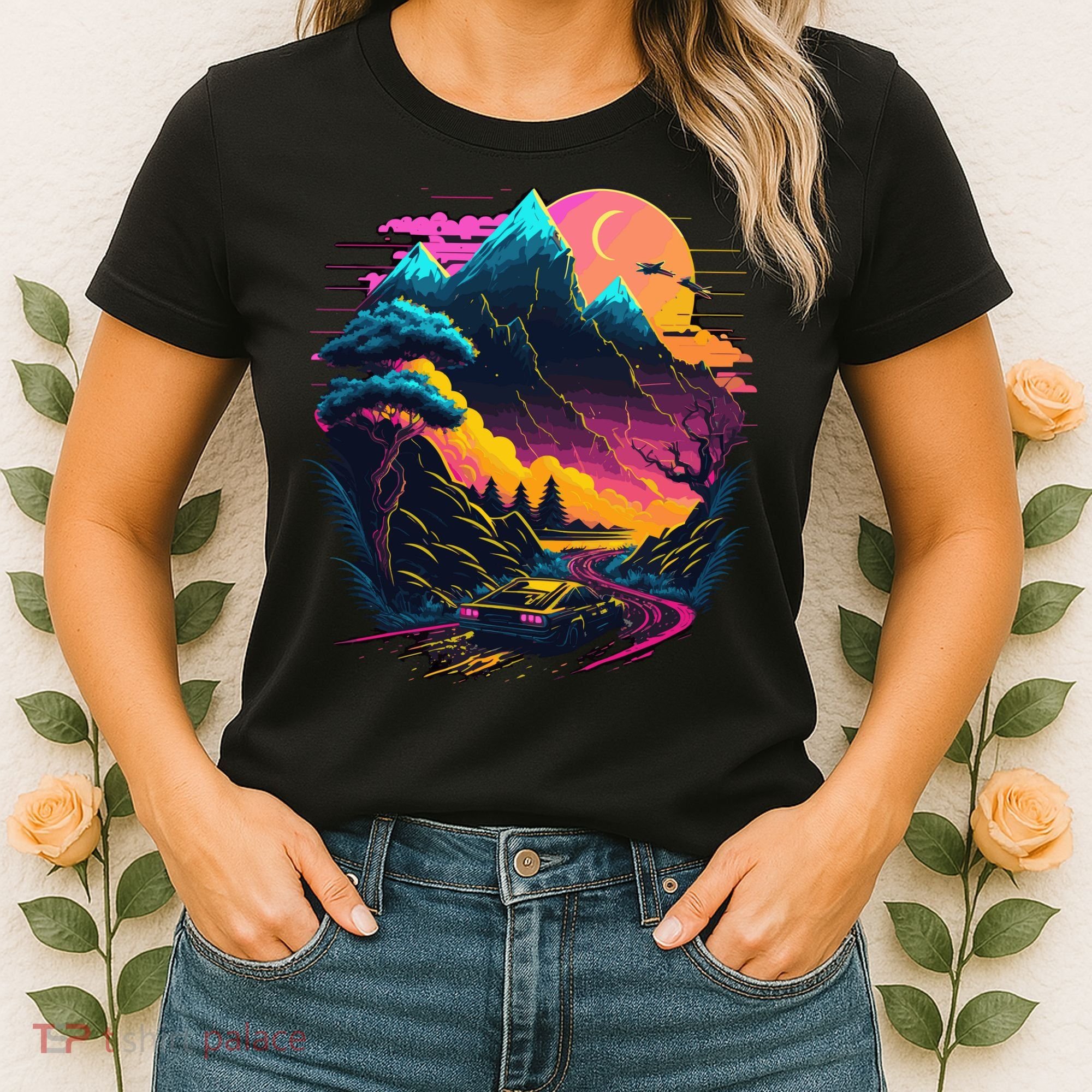 Mountain Life Neon Car Road Scene Women's T-Shirt