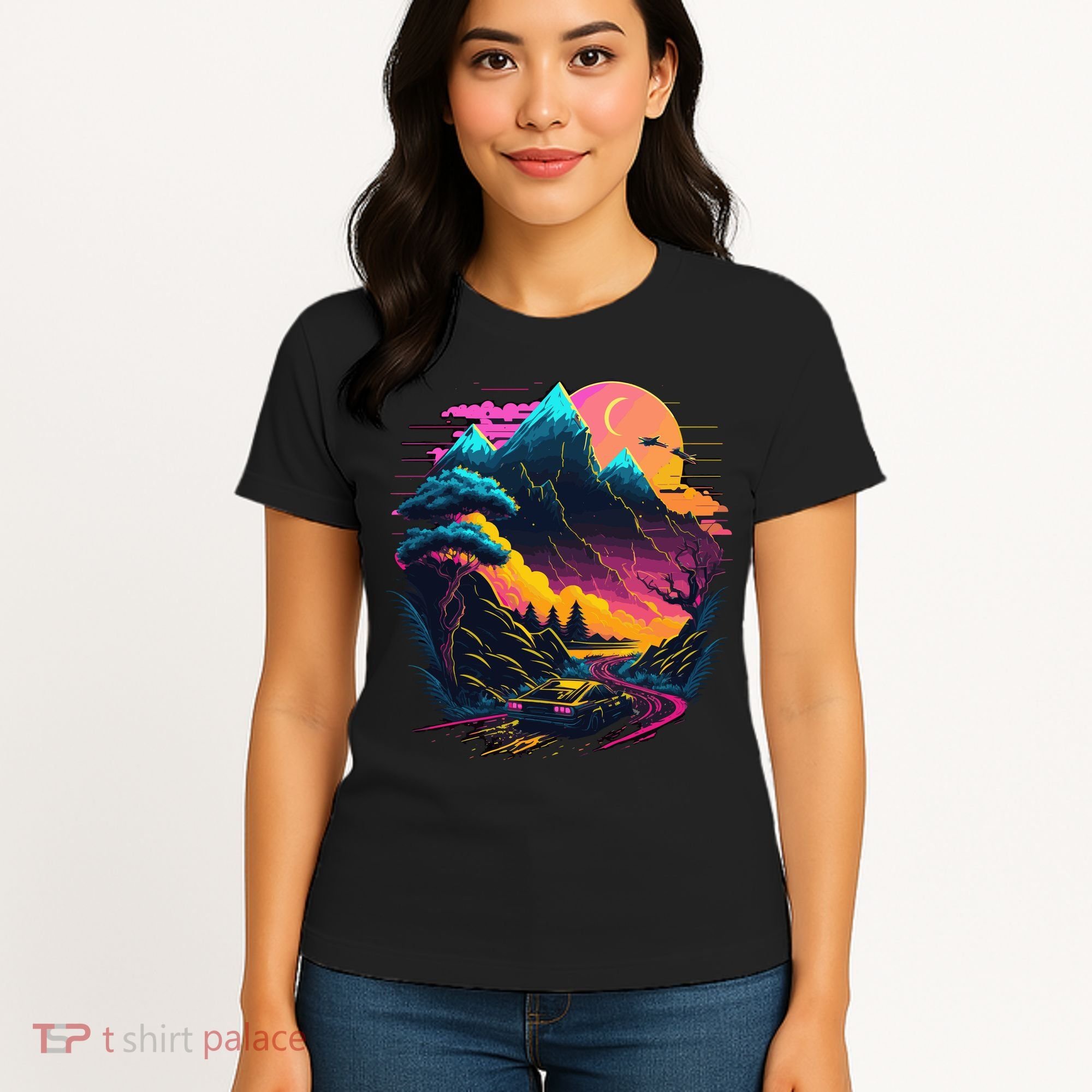 Mountain Life Neon Car Road Scene Women's T-Shirt