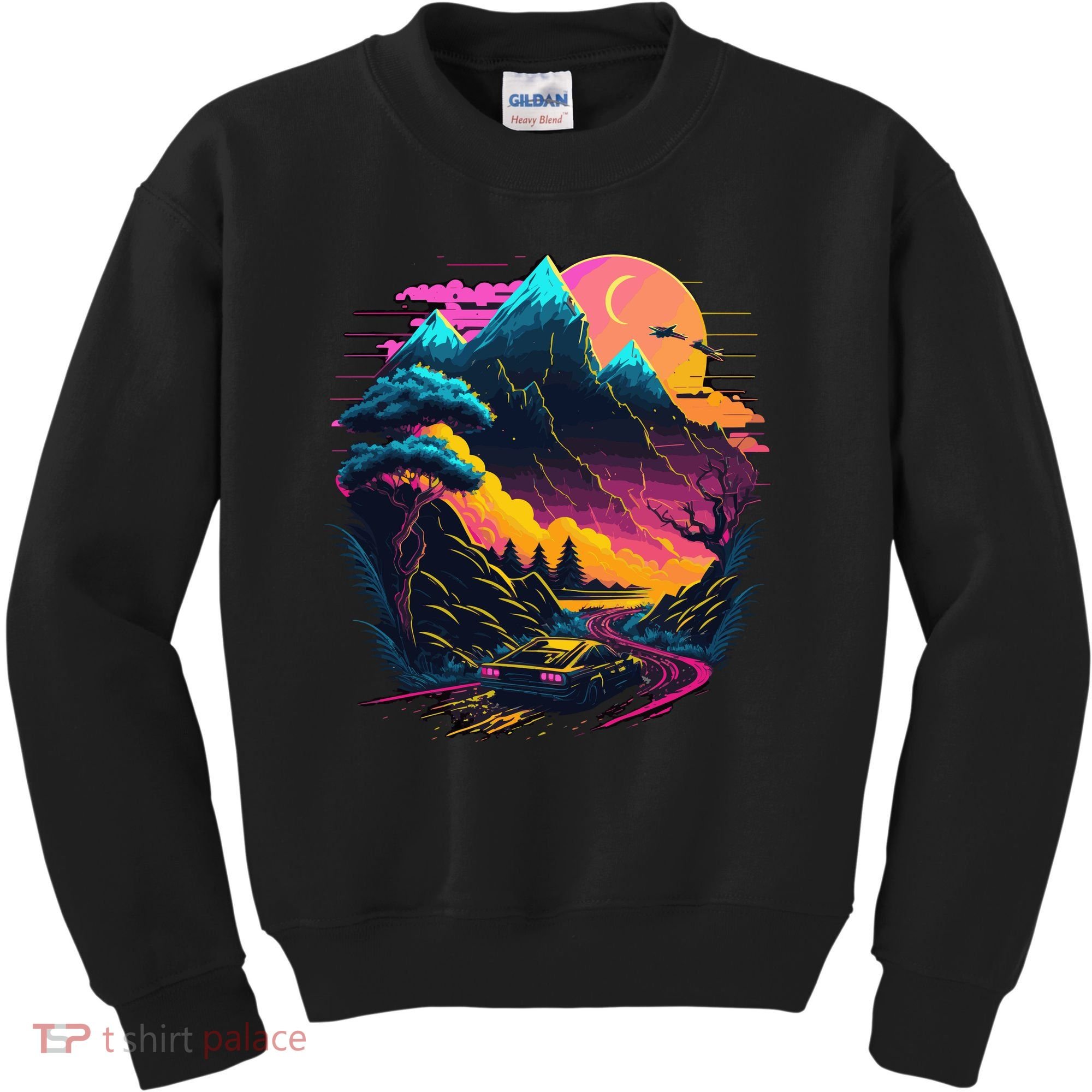 Mountain Life Neon Car Road Scene Kids Sweatshirt