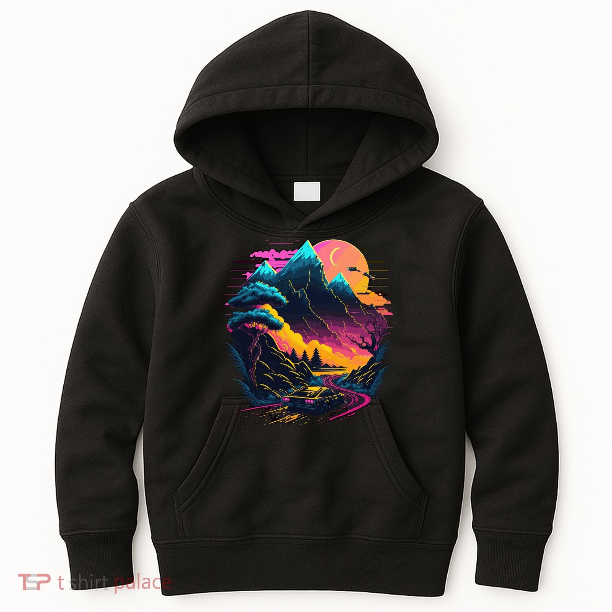 Mountain Life Neon Car Road Scene Kids Hoodie