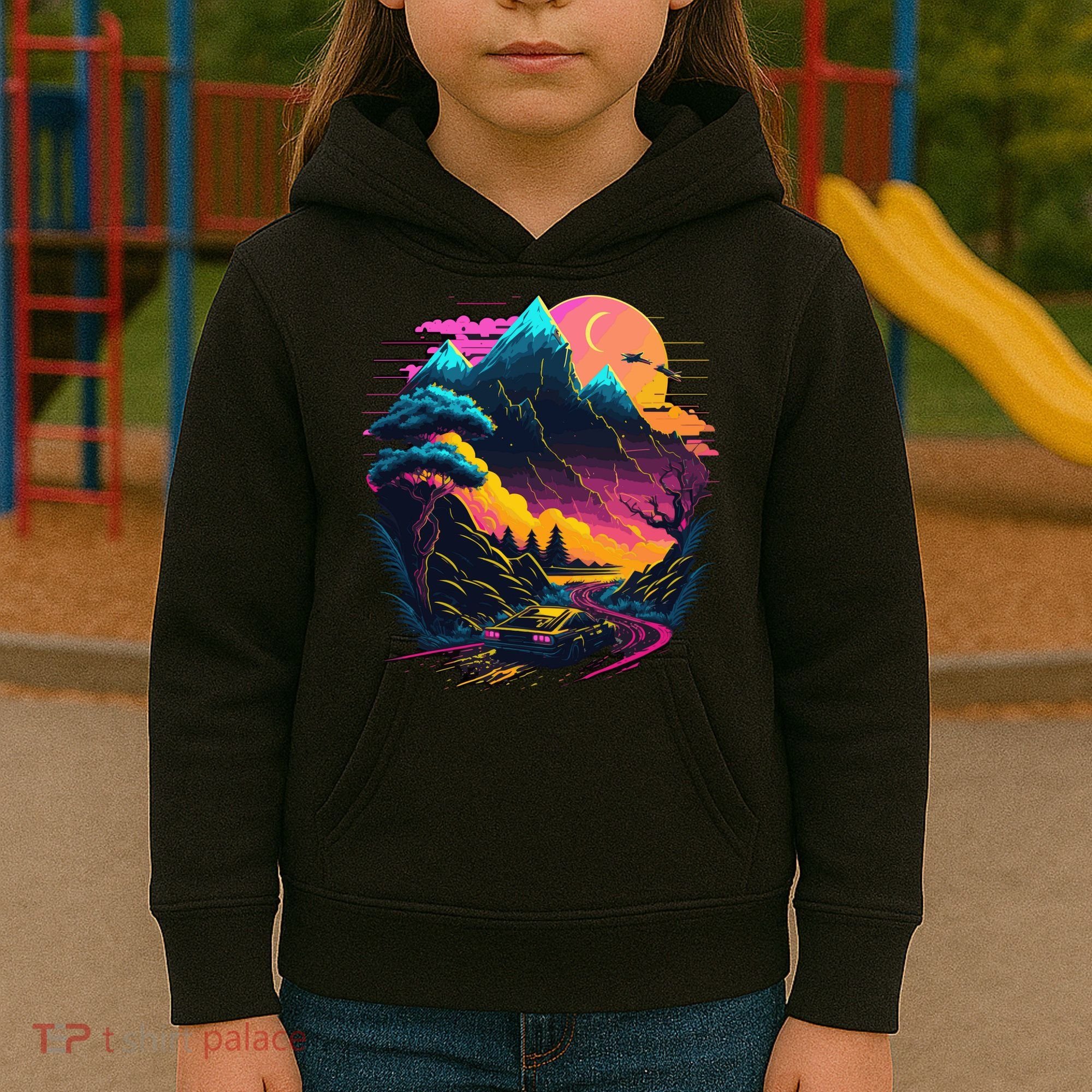 Mountain Life Neon Car Road Scene Kids Hoodie