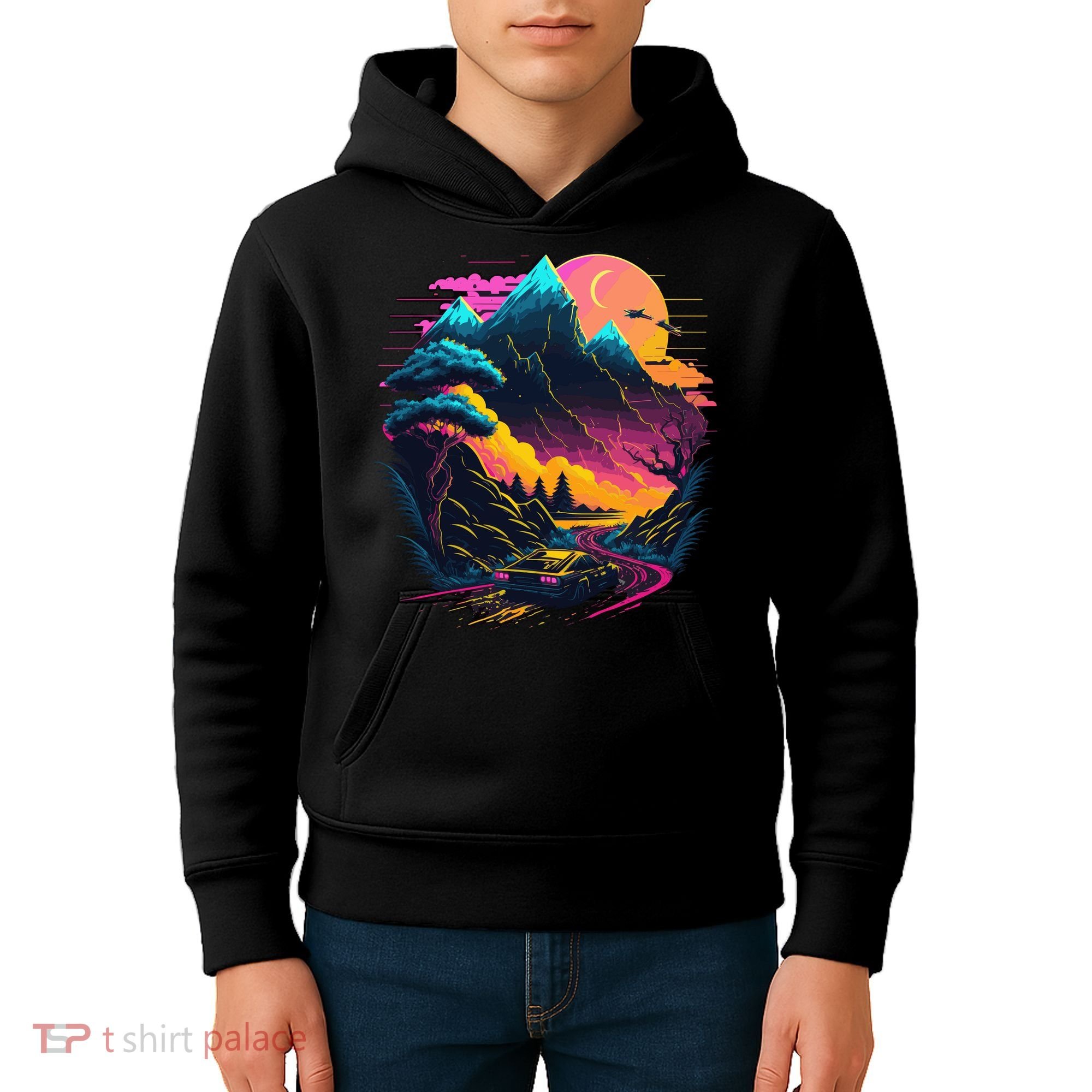 Mountain Life Neon Car Road Scene Kids Hoodie