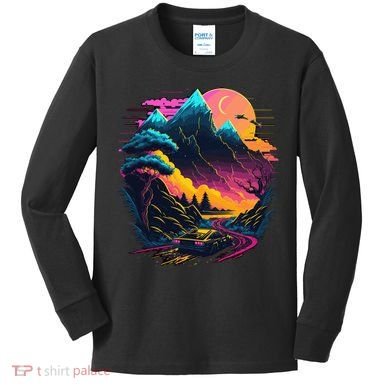 Mountain Life Neon Car Road Scene Kids Long Sleeve Shirt