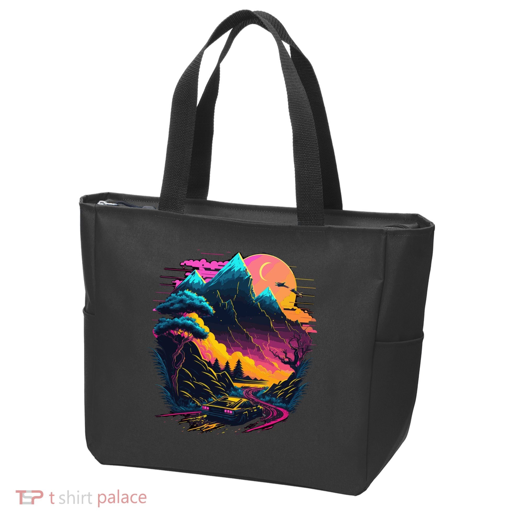 Mountain Life Neon Car Road Scene Tote Bag