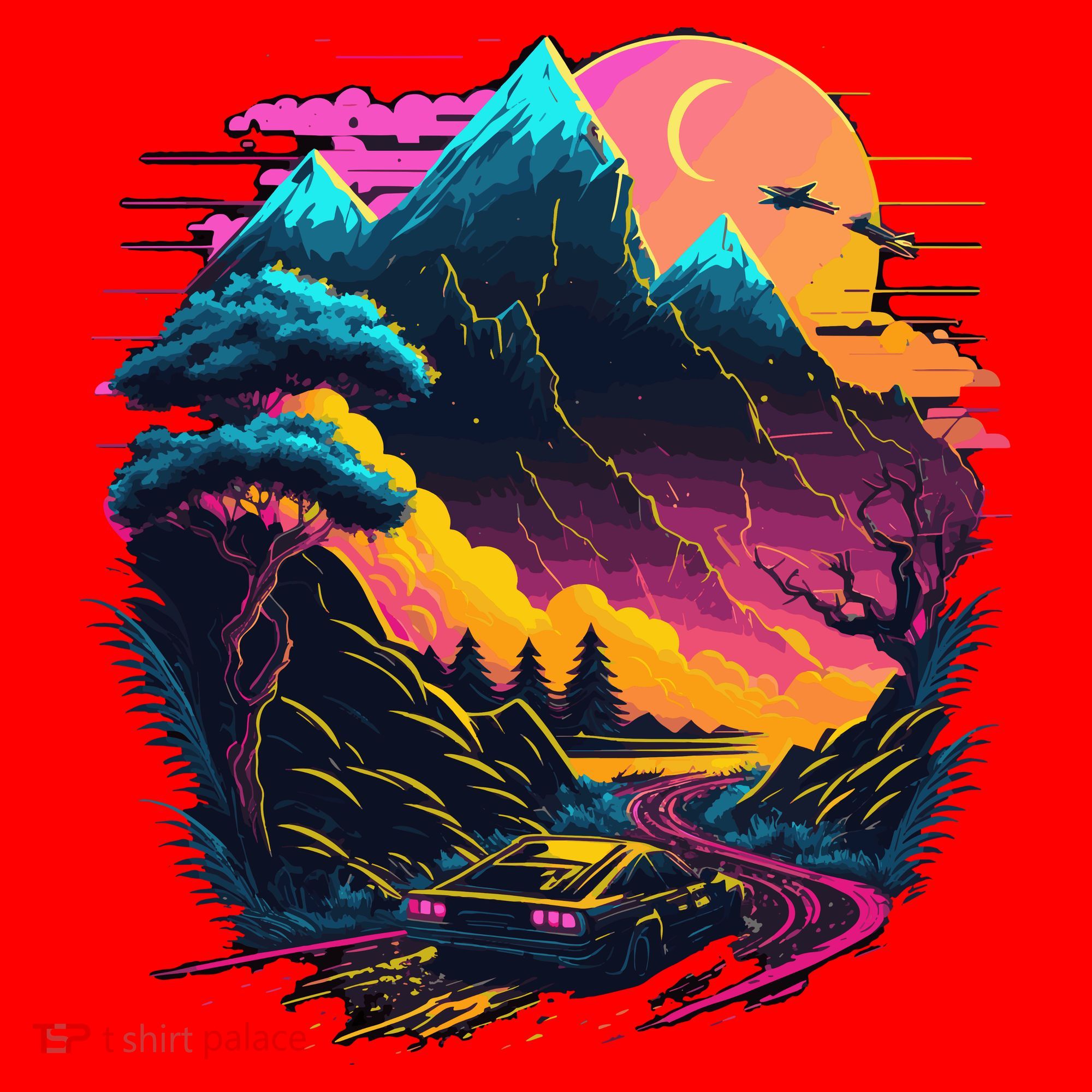 Mountain Life Neon Car Road Scene Santa Hat