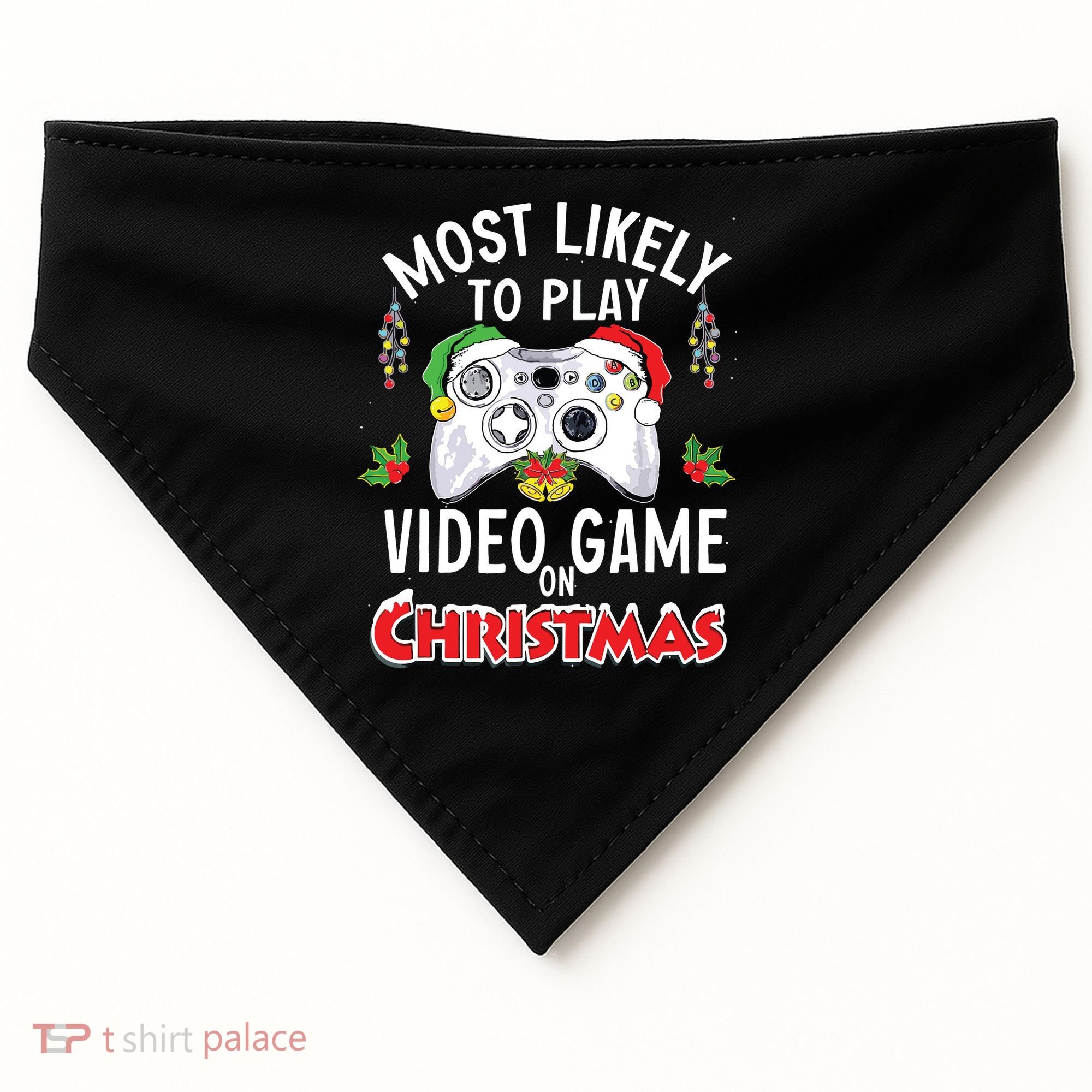Most Likely To Play Video Games On Christmas Xmas Lights USA-Made Doggie Bandana