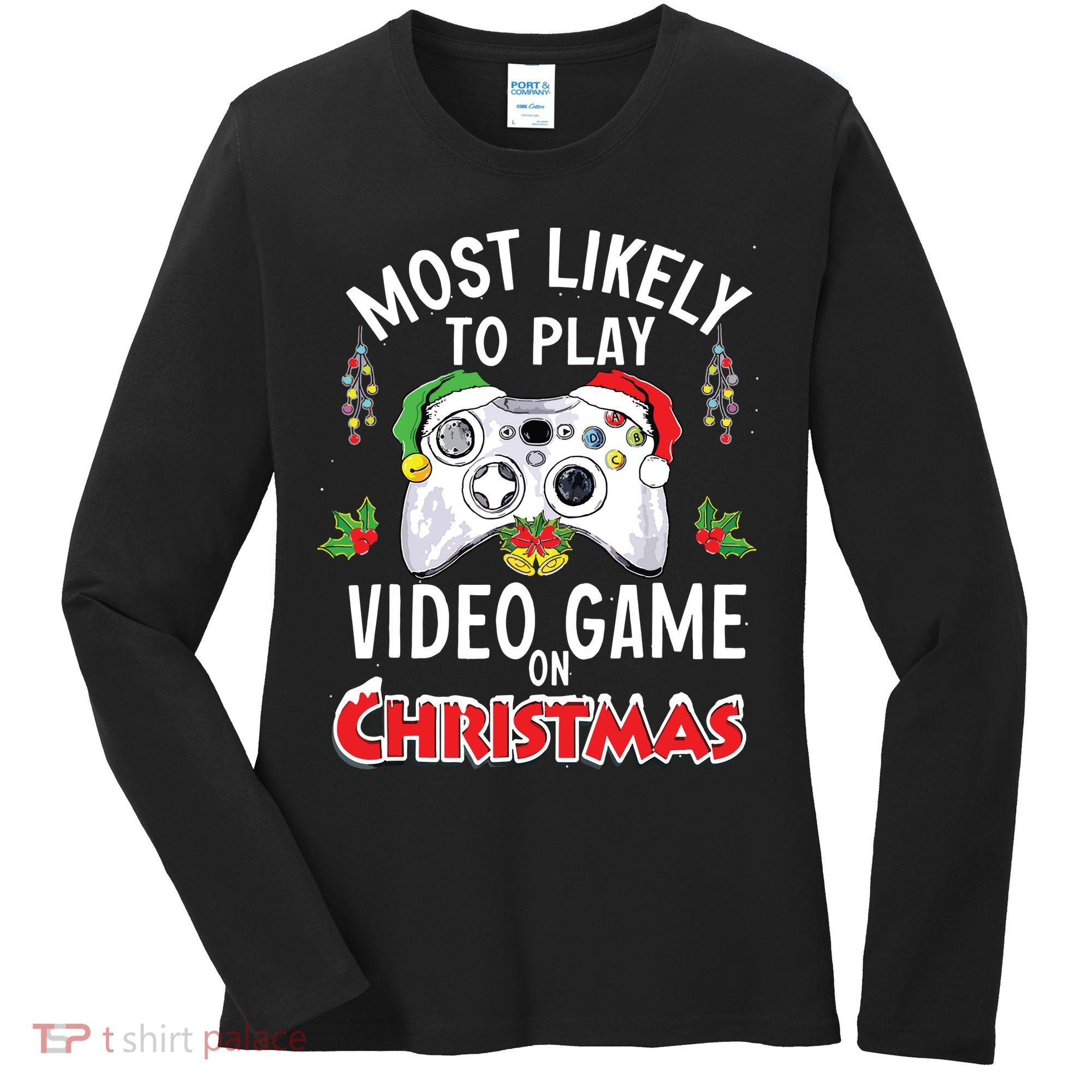 Most Likely To Play Video Games On Christmas Xmas Lights Women's Long Sleeve Shirt