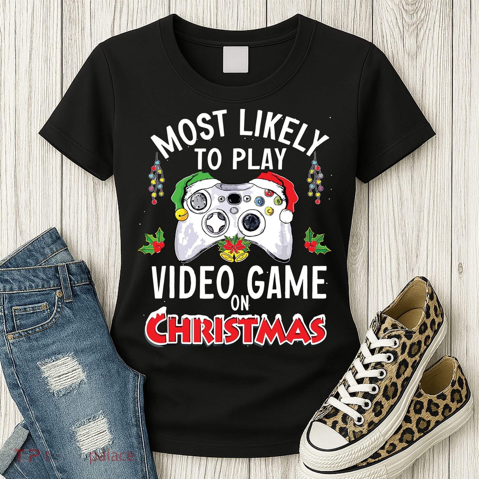 Most Likely To Play Video Games On Christmas Xmas Lights Women's T-Shirt