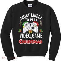 Most Likely To Play Video Games On Christmas Xmas Lights Kids Sweatshirt thumb 0