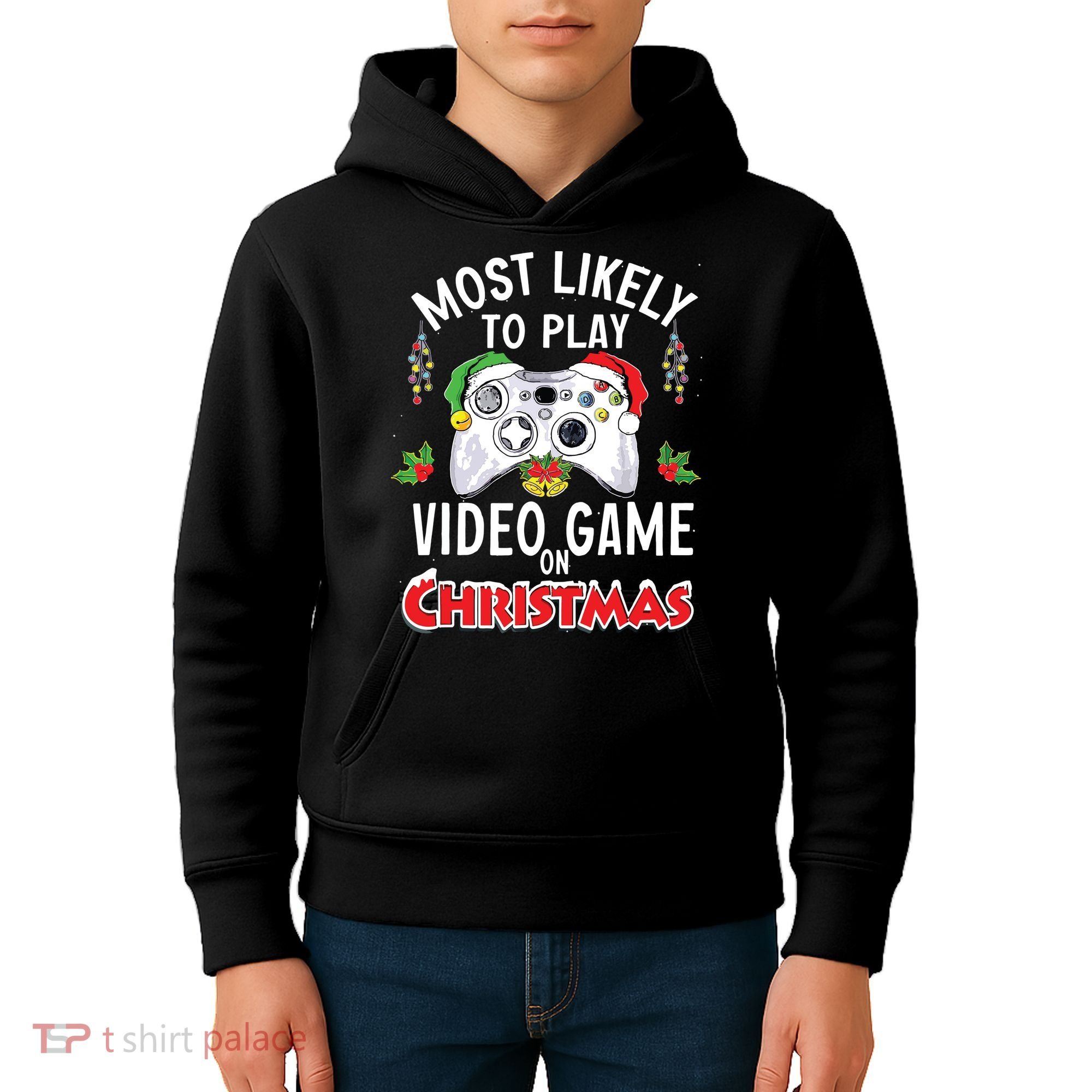Most Likely To Play Video Games On Christmas Xmas Lights Kids Hoodie