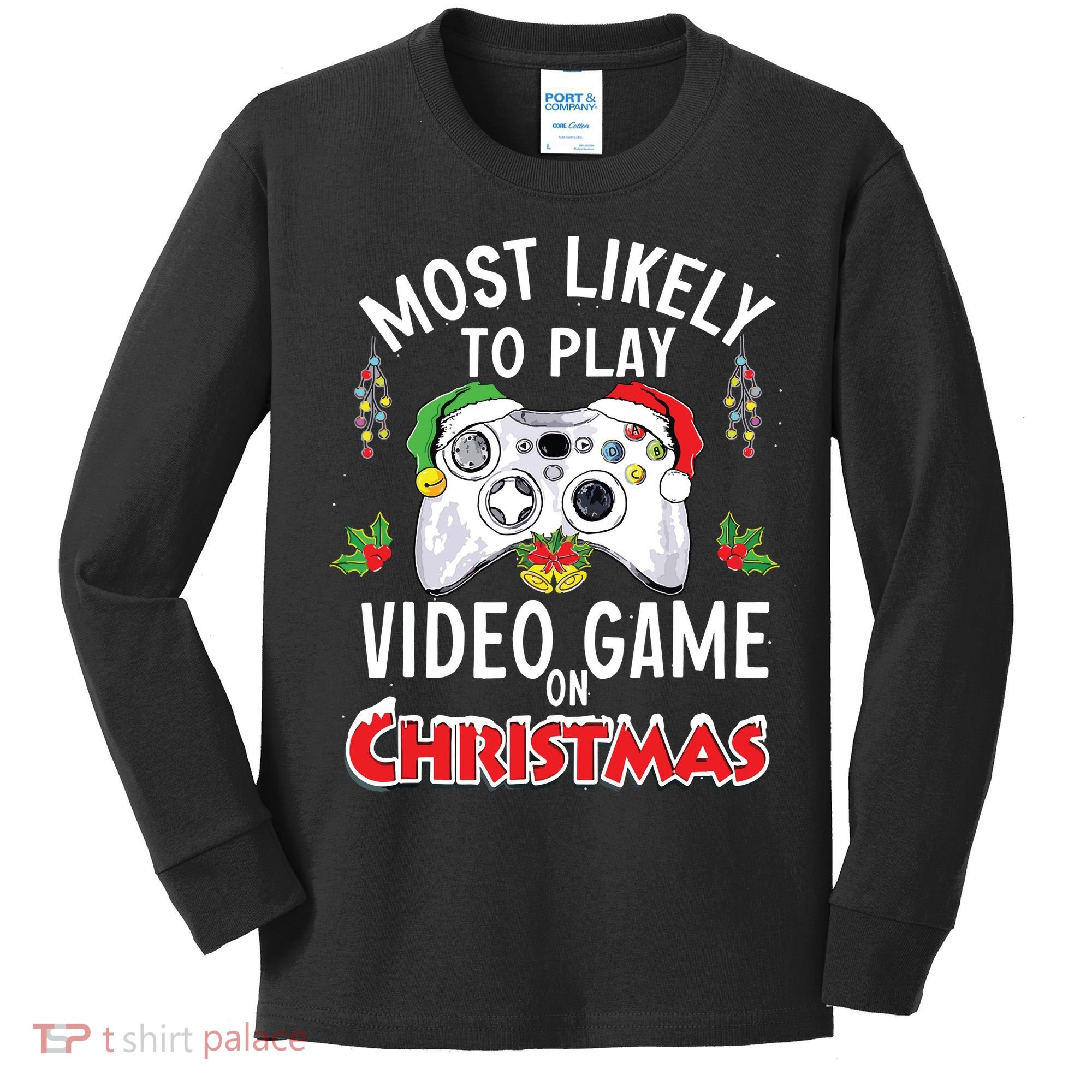 Most Likely To Play Video Games On Christmas Xmas Lights Kids Long Sleeve Shirt