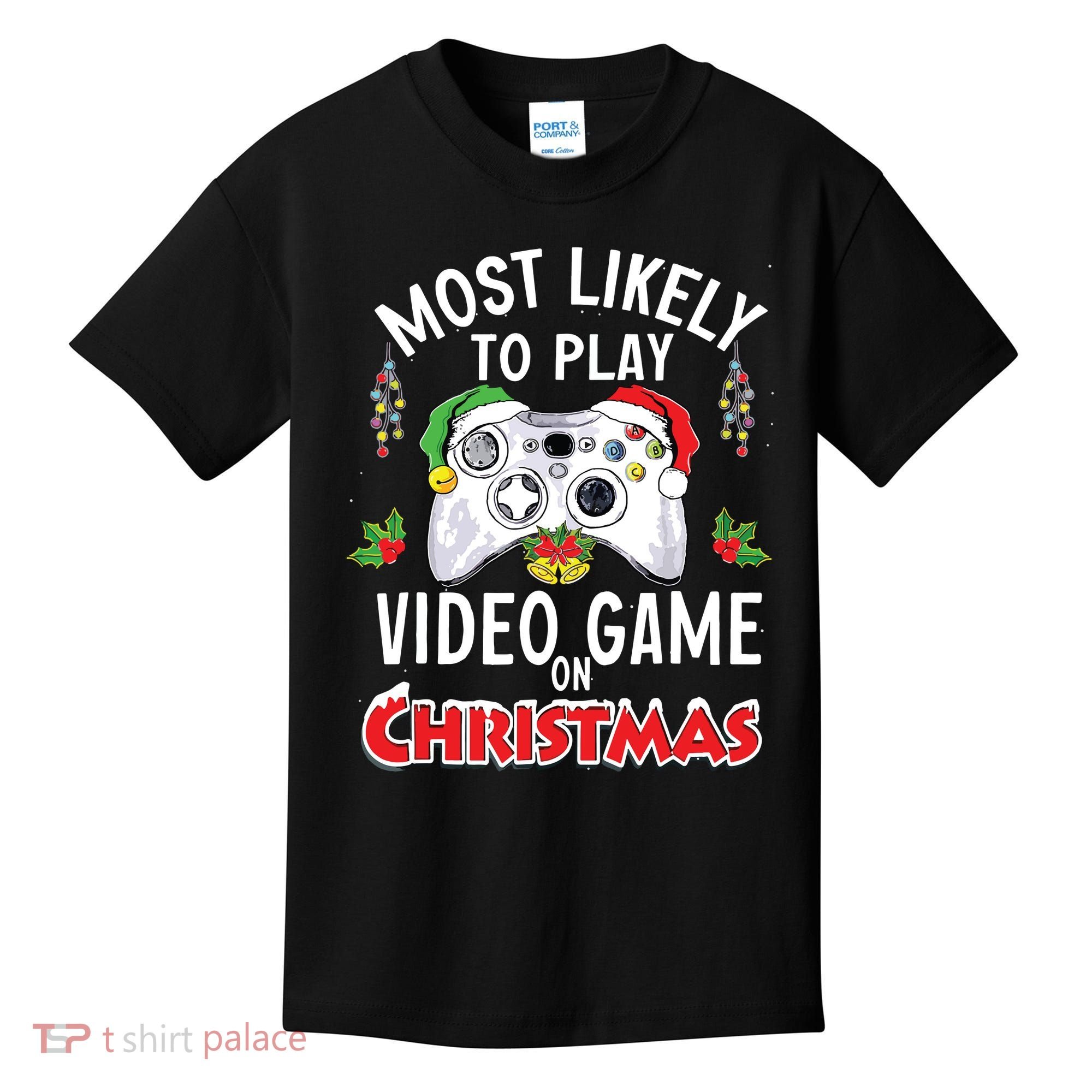Most Likely To Play Video Games On Christmas Xmas Lights Kids T-Shirt