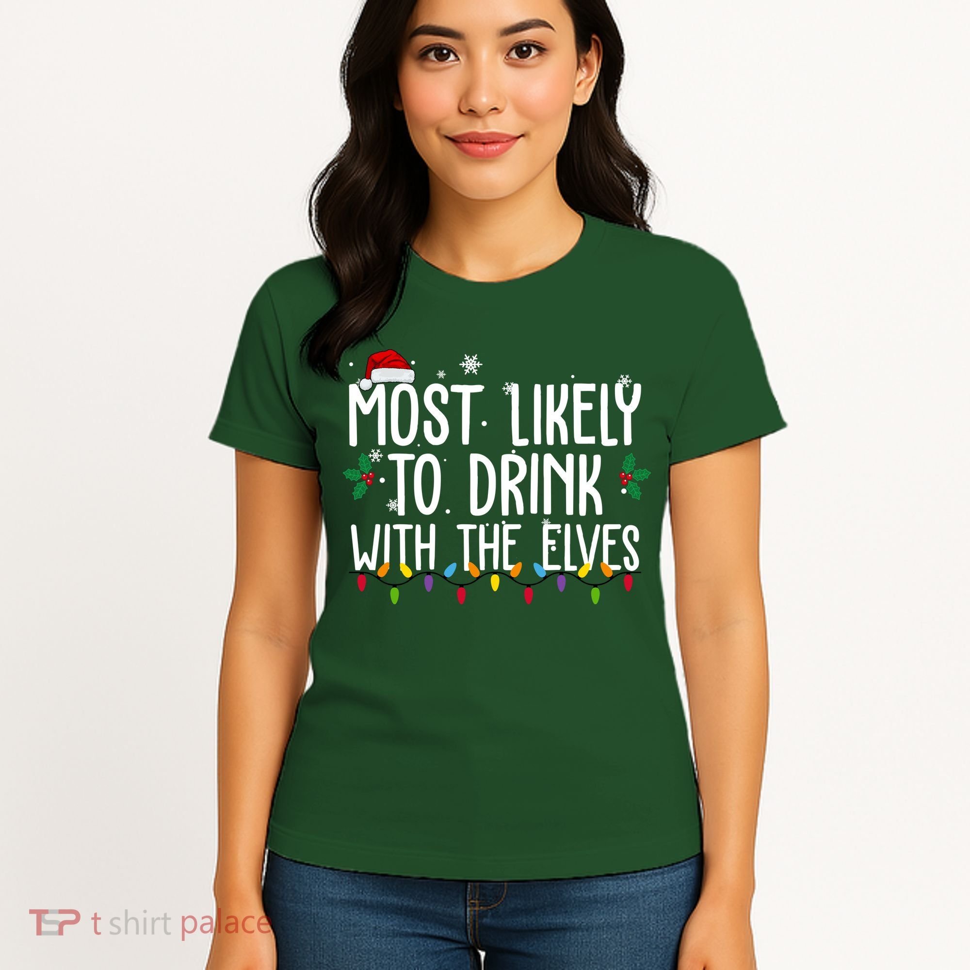 Most Likely To Drink With The Elves Funny Christmas Women's T-Shirt