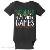 Most Likely To Play Video Games Christmas Family Baby Bodysuit thumb 0