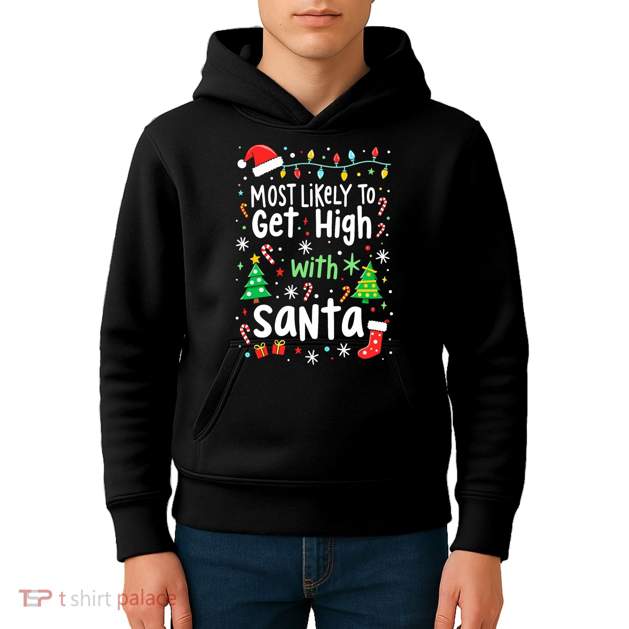 Most Likely To Get High With Santa Christmas Xmas Humor Kids Hoodie